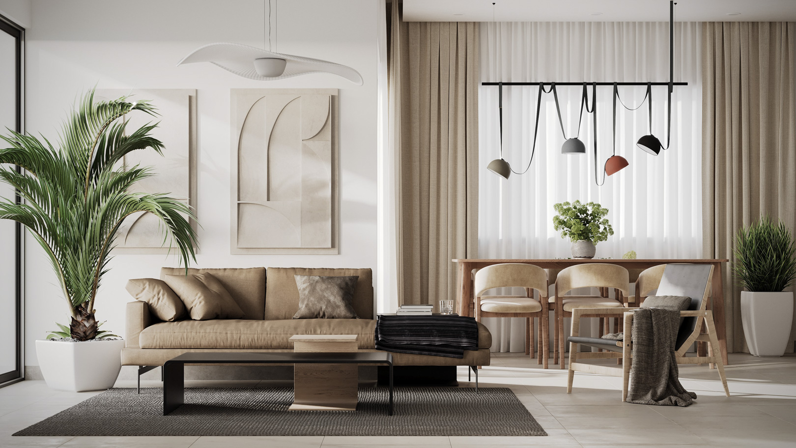 Salón-comedor diáfano con sofás en tonos tierra, mobiliario de diseño minimalista, luz natural tamizada por visillos y decoración con plantas naturales.