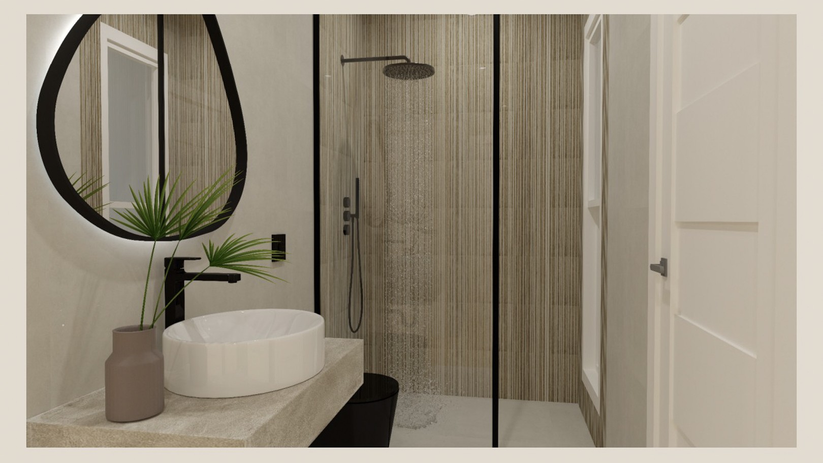 Baño moderno con lavabo sobre encimera de piedra, espejo retroiluminado de diseño orgánico y ducha italiana con revestimiento cerámico de textura lineal.
