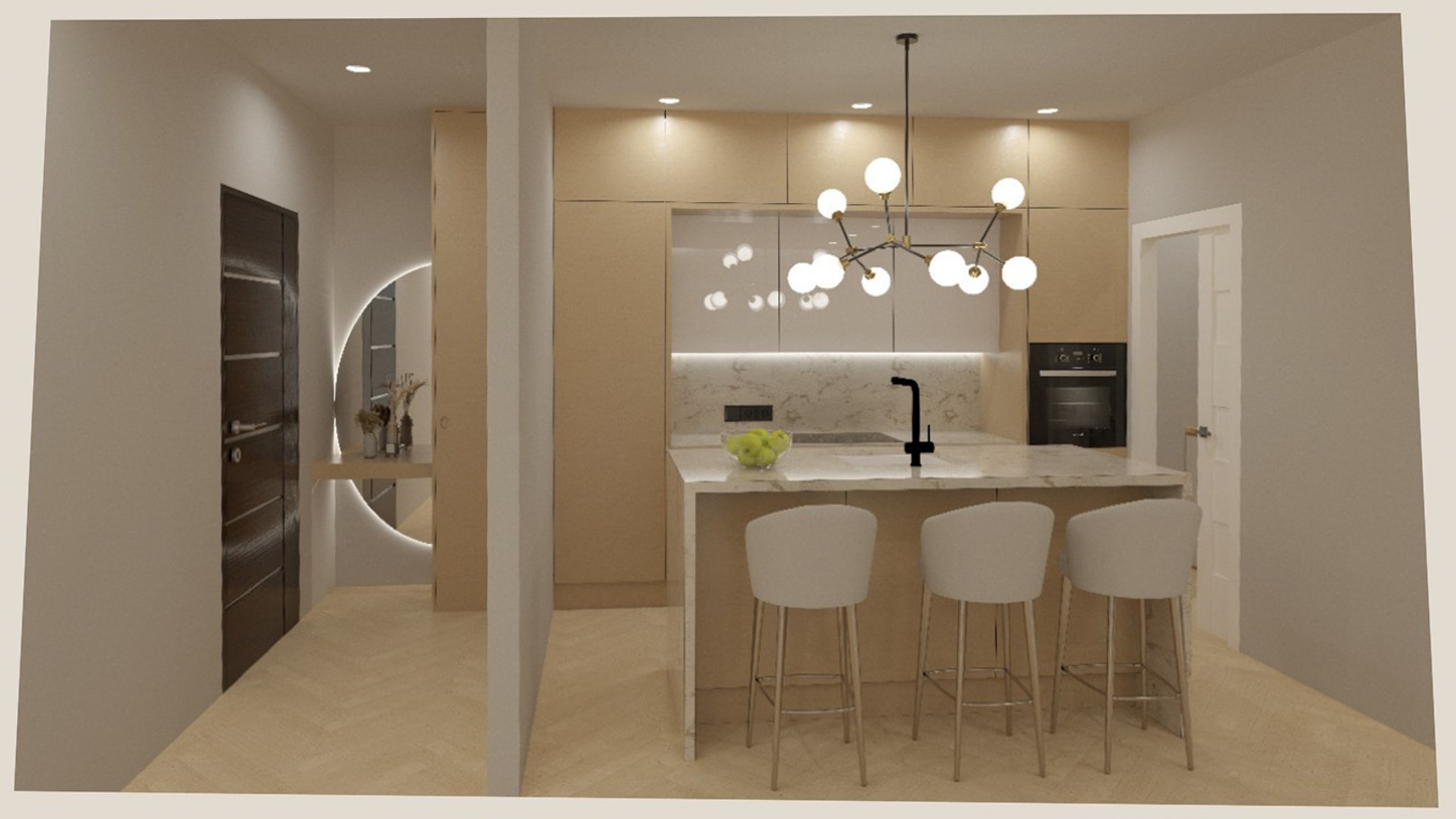 Cocina abierta con isla de mármol, armarios de madera clara y lámpara de diseño, junto a un pasillo con espejo circular retroiluminado y suelo de espiga.