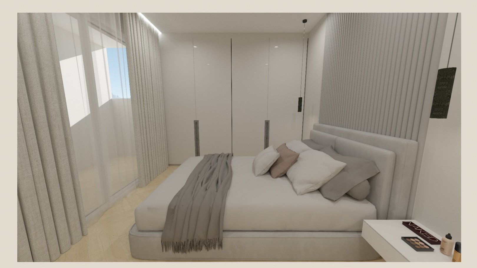 Dormitorio principal con armarios empotrados de suelo a techo, pared de acento con listones verticales y acceso directo a la terraza mediante grandes ventanales.