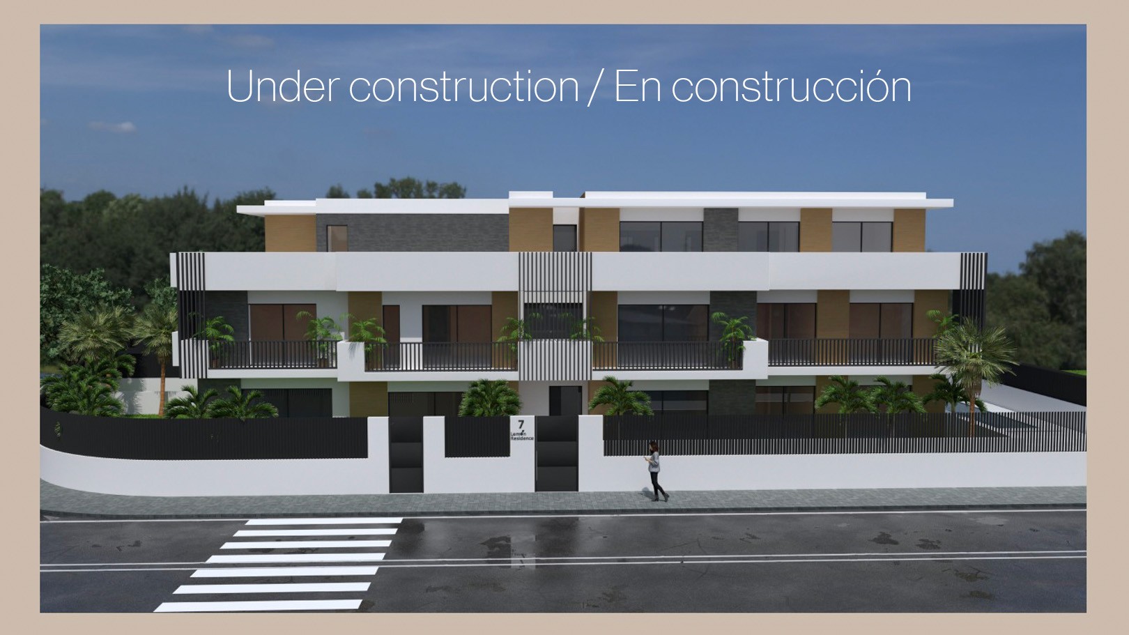 Render exterior de un edificio moderno con fachada blanca, acabados en piedra gris y madera, destacando amplias terrazas y cerramientos de diseño contemporáneo.