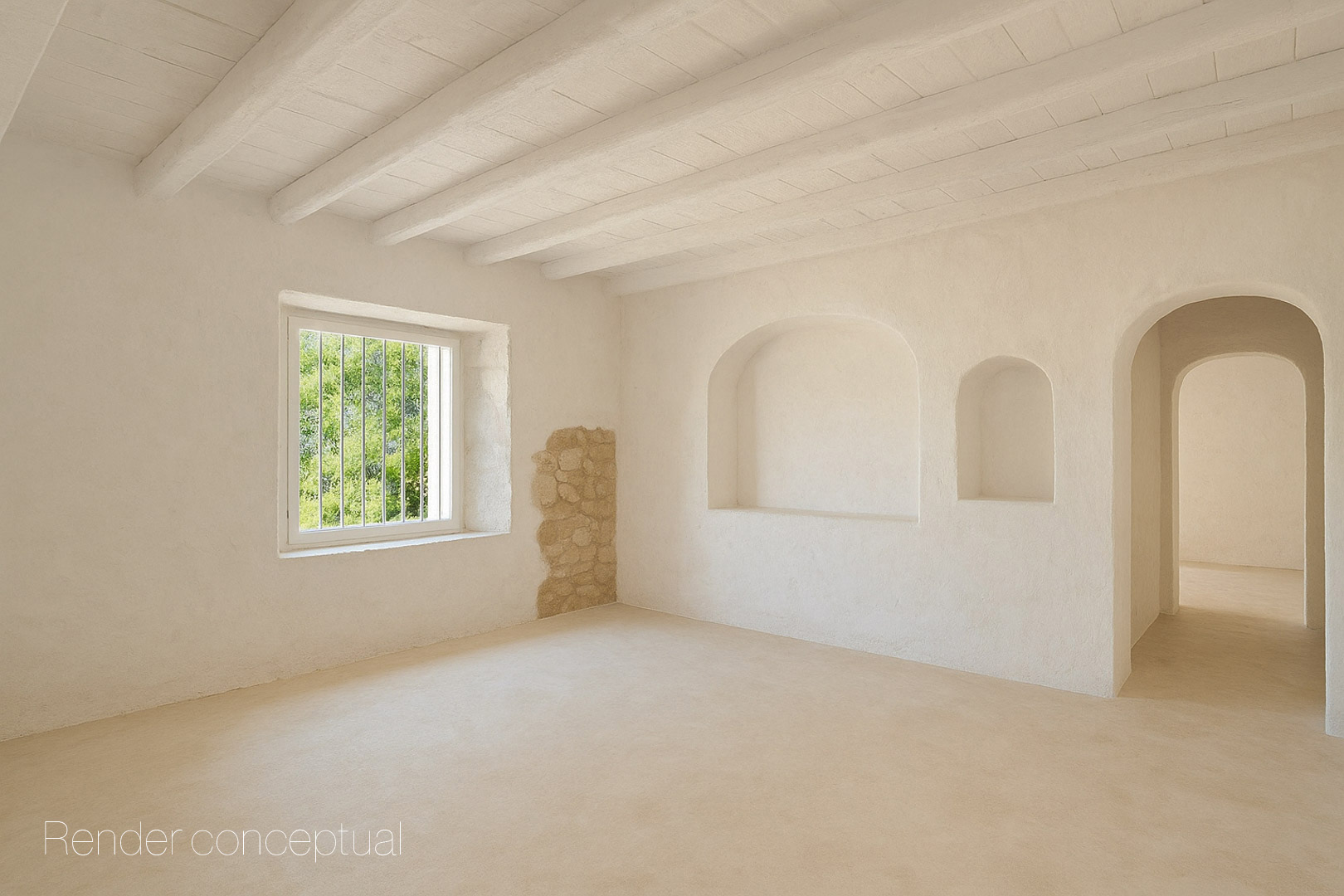 Espacio diáfano con techos de vigas de madera blancas, hornacinas integradas y una sección de piedra original expuesta junto al ventanal.