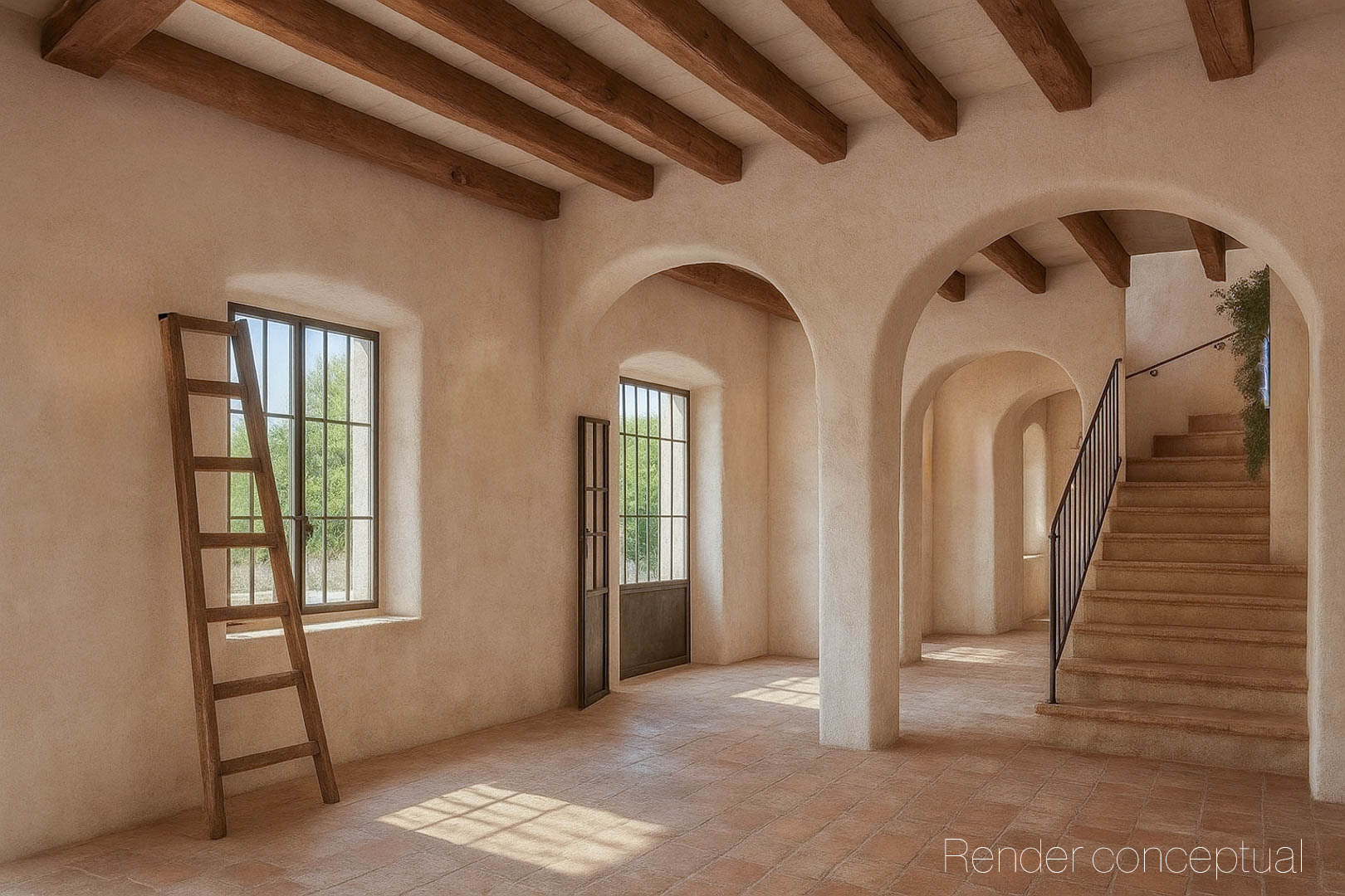 Espacio diáfano con techos de vigas de madera, suelos de barro cocido y una sucesión de arcos que conectan con la escalera de piedra y barandilla de forja.
