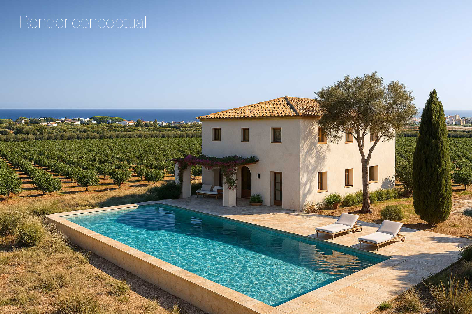 Render conceptual de la finca con piscina rectangular, terraza de piedra natural y vistas panorámicas al mar y a los campos de cultivo en Dénia.