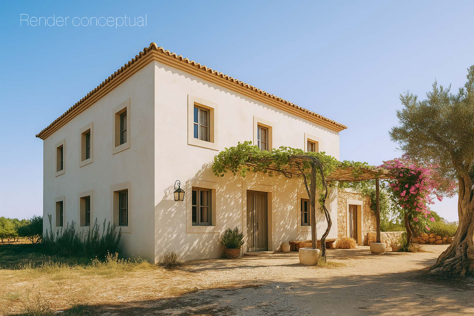 Render conceptual de una casa de campo de dos plantas con fachada crema, pérgola de madera con vegetación y olivos centenarios en un entorno rural.