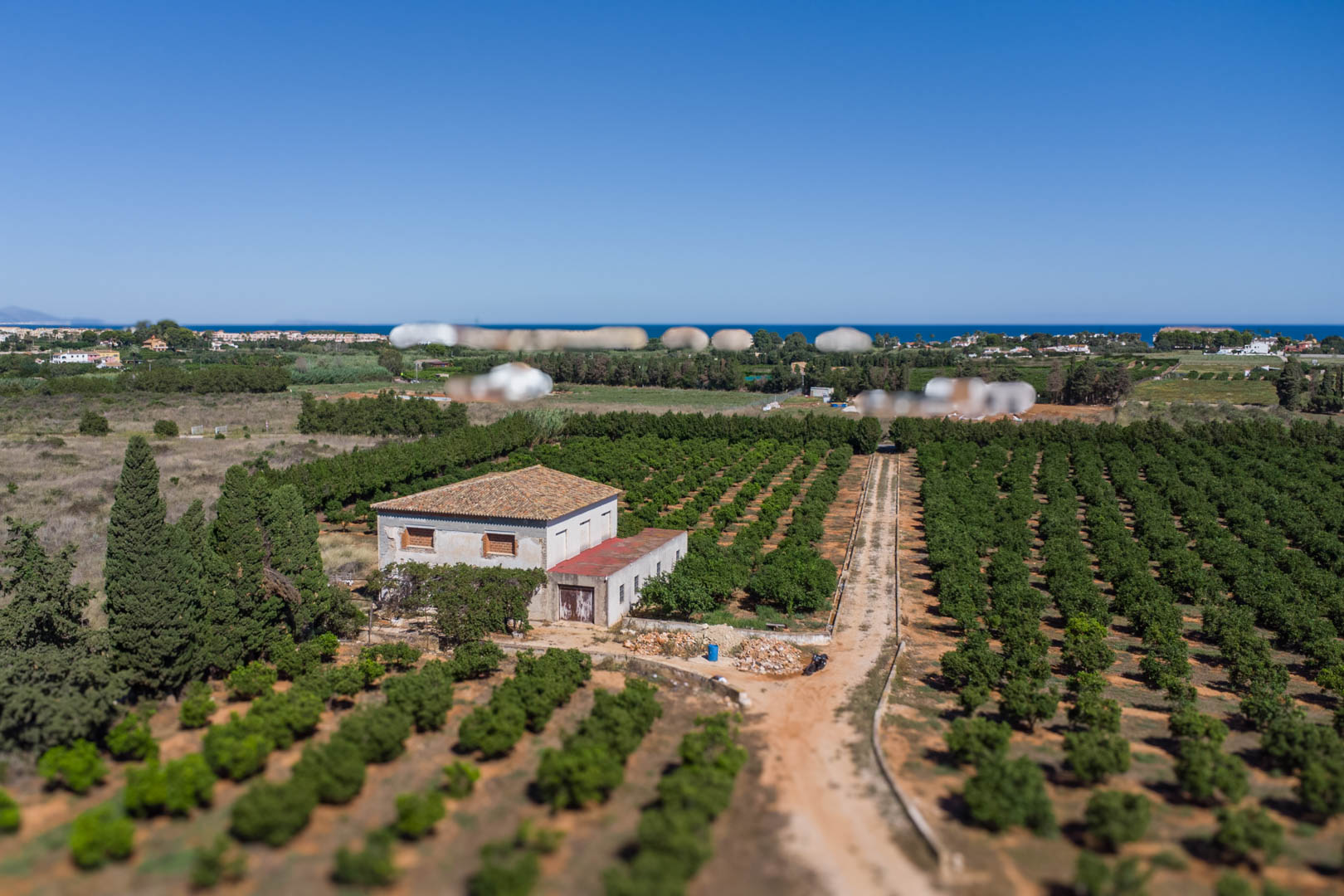 Vista aérea de la casa de campo rodeada de extensos cultivos de cítricos, con el mar Mediterráneo en el horizonte y acceso directo por camino privado.
