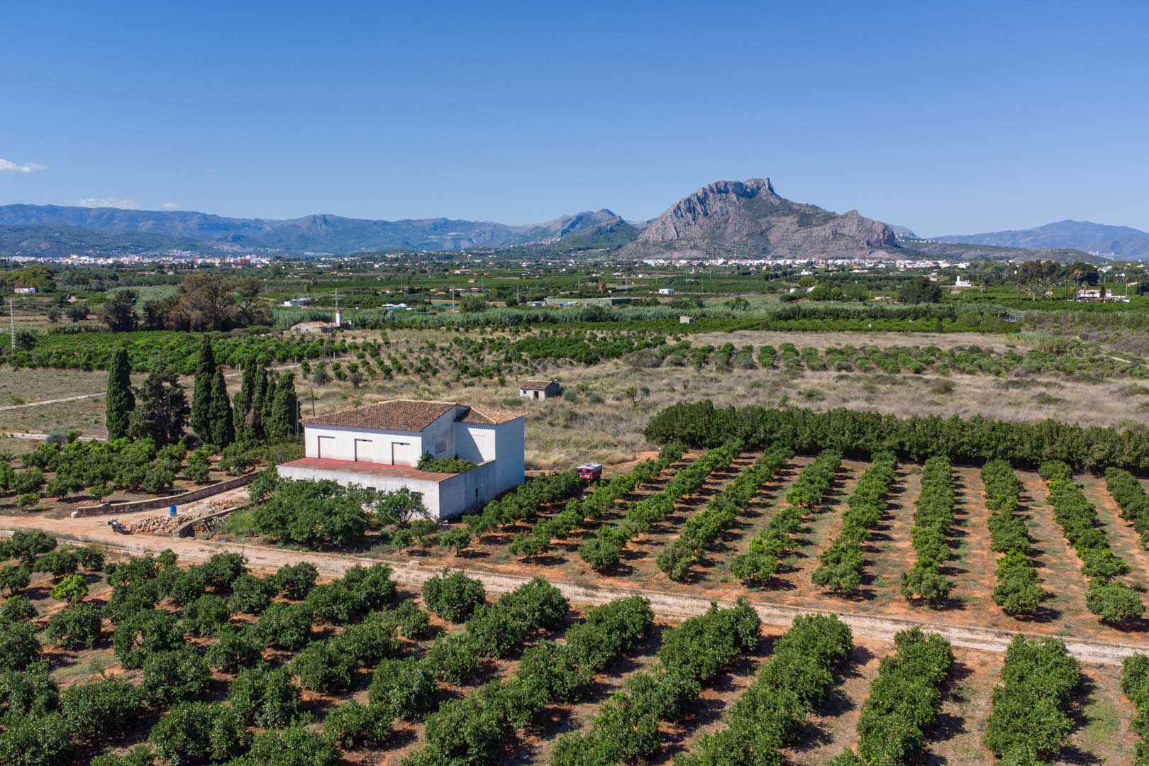 Vista aérea de la casa de campo rodeada de extensos cultivos de cítricos, con vistas despejadas a las montañas y un entorno natural consolidado.