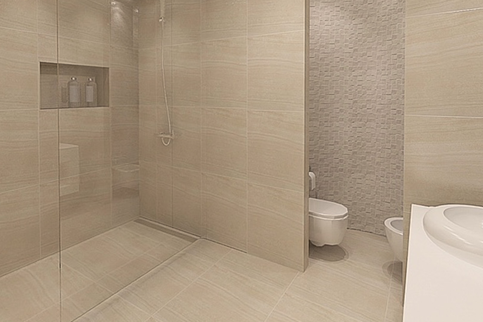 Baño moderno con ducha a ras de suelo, mampara de cristal y hornacina integrada. Revestimiento de gres porcelánico en tonos arena y pared de mosaico texturizado.
