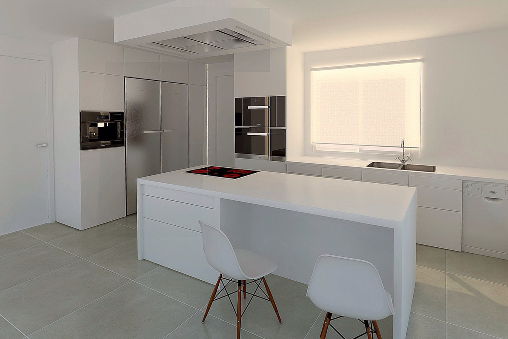 Cocina moderna minimalista con isla central, placa de inducción y electrodomésticos integrados de alta gama en acabados de acero inoxidable y blanco.