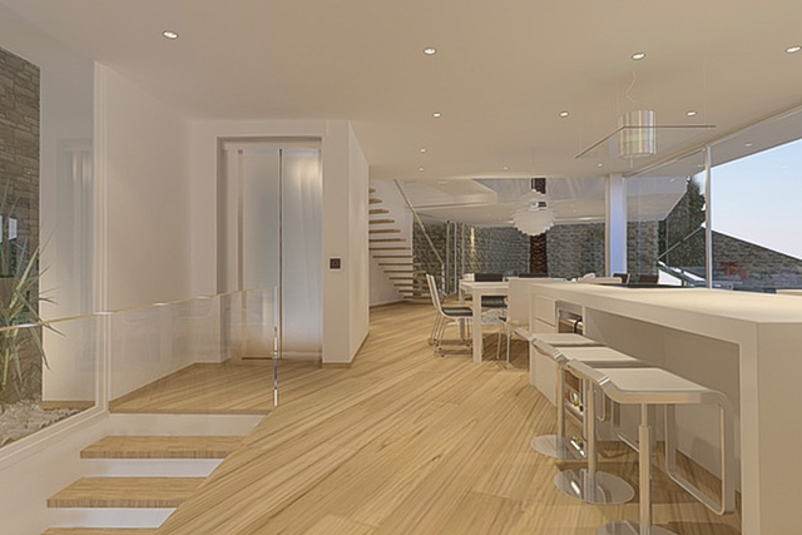 Planta abierta con cocina de diseño, isla con taburetes, suelos de madera y ascensor acristalado. Incluye escalera flotante y paredes de piedra natural.
