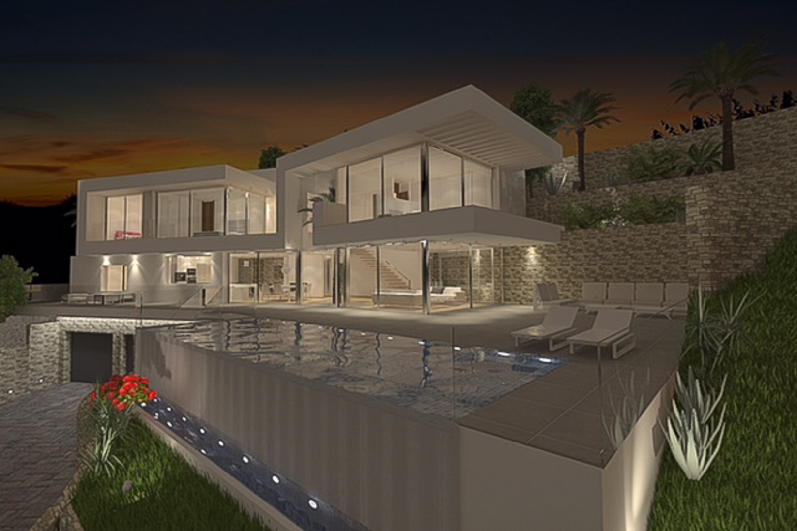 Vista exterior nocturna del proyecto de villa moderna con piscina infinita, amplios ventanales de suelo a techo y muros de piedra natural integrados en el paisaje.