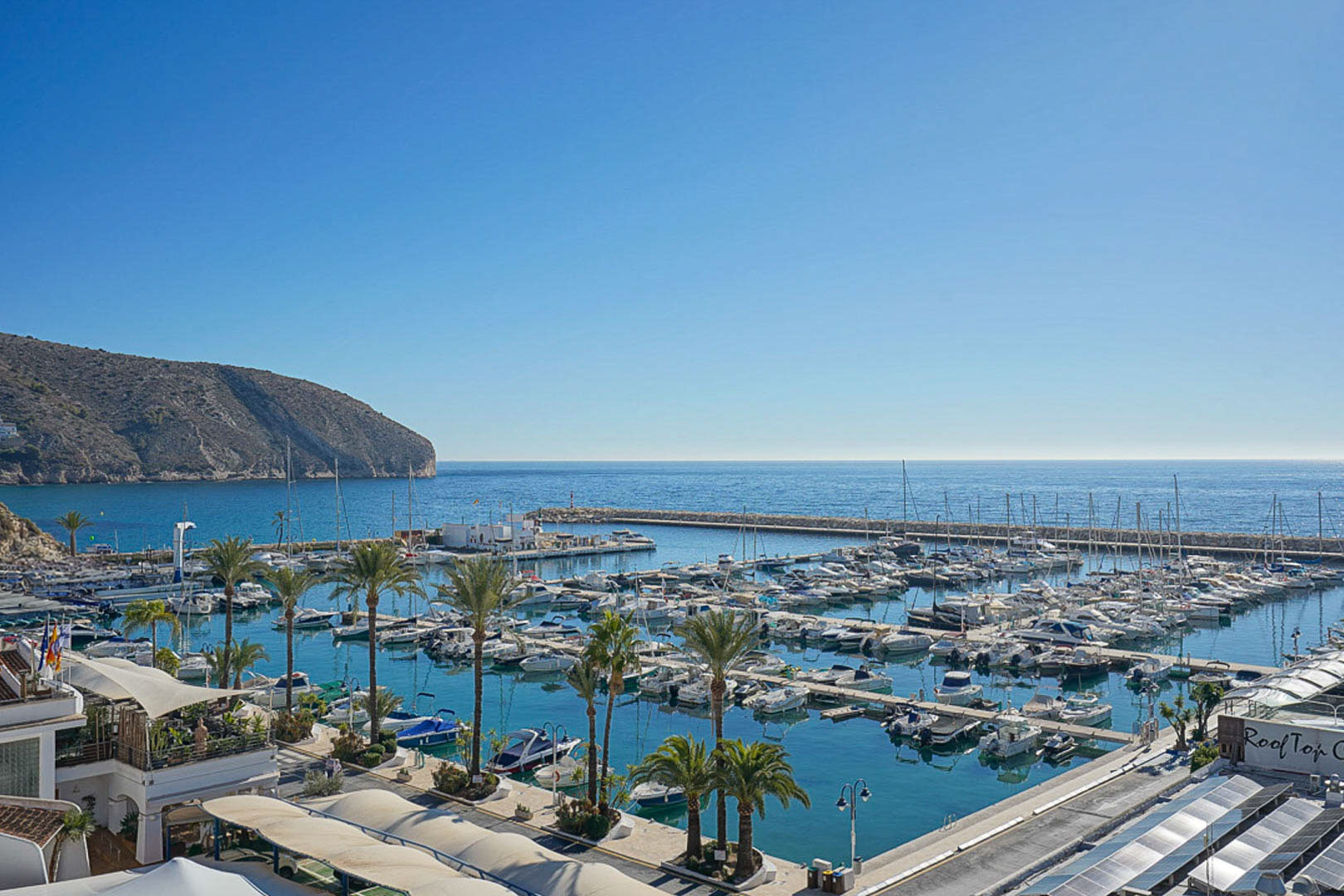 Vista panorámica del puerto deportivo de Moraira con embarcaciones de recreo, palmeras y el cabo al fondo bajo un cielo despejado.