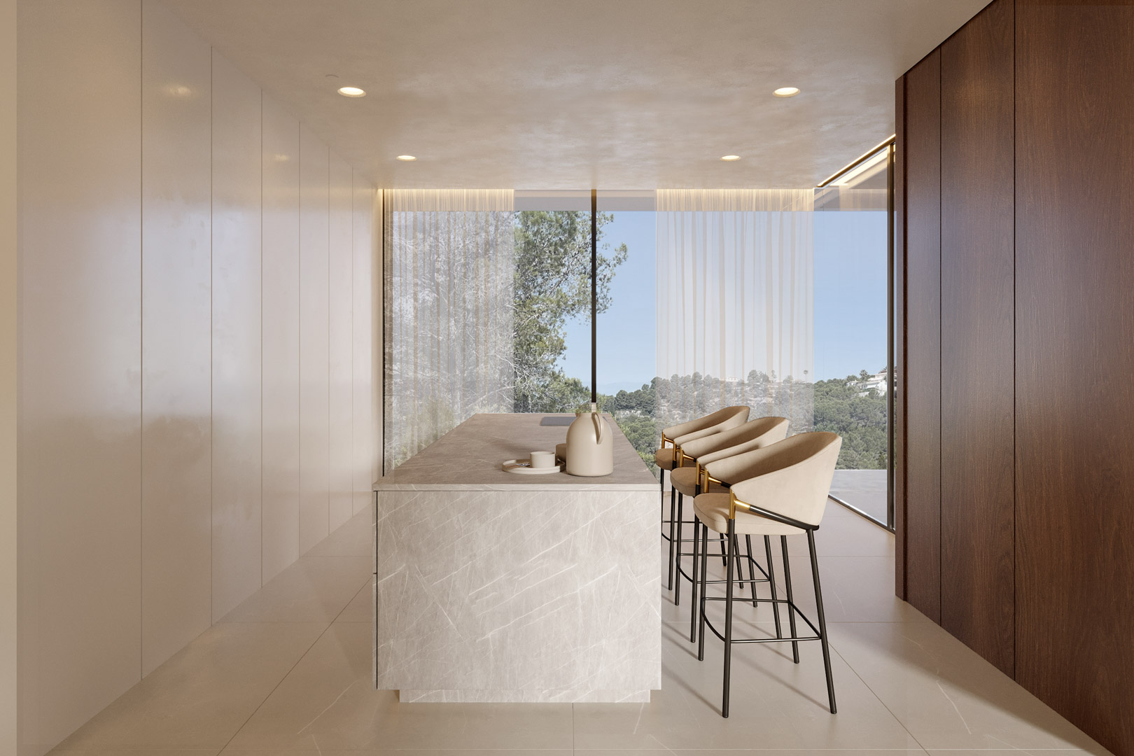 Cocina minimalista con isla de piedra natural, taburetes de diseño y ventanal panorámico con vistas al entorno mediterráneo de Moraira.