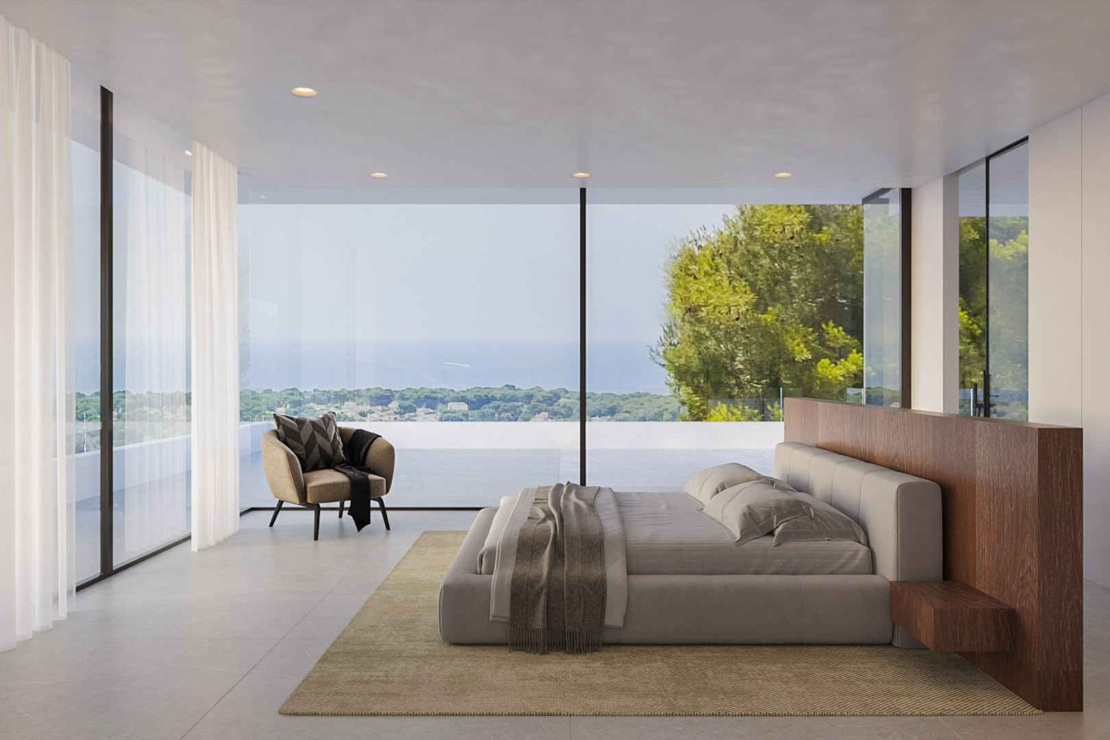 Dormitorio principal con ventanales de suelo a techo, vistas panorámicas al mar, cabecero de madera integrada y suelos de gres porcelánico en tonos neutros.