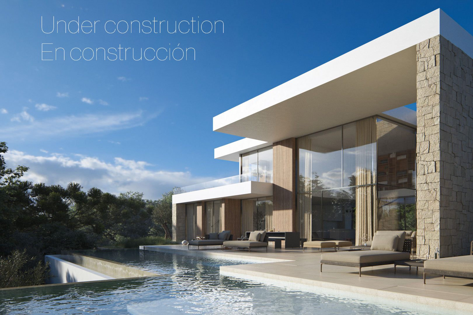 Fachada contemporánea con amplios ventanales, muros de piedra natural y una piscina infinita integrada en la terraza principal con mobiliario de exterior.