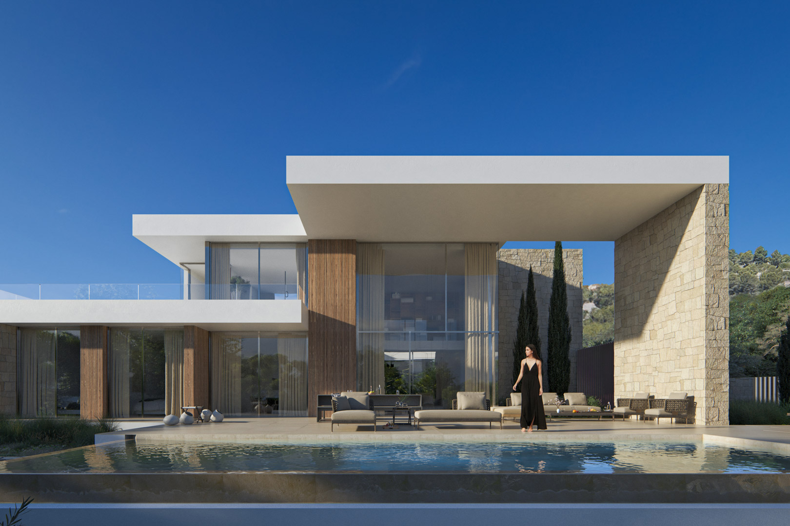 Fachada contemporánea con piscina infinita, gran porche voladizo y revestimientos de piedra natural y madera. Amplios ventanales integran el interior con la terraza.