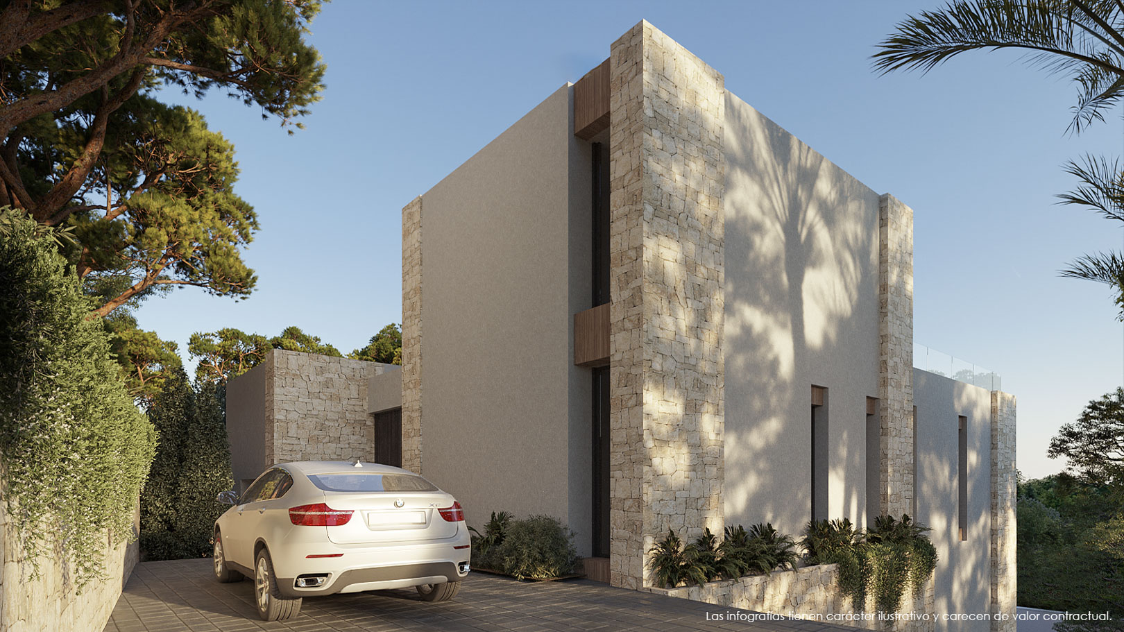 Fachada exterior con muros de piedra natural y mortero liso, destacando el acceso vehicular pavimentado rodeado de vegetación mediterránea y pinos maduros.