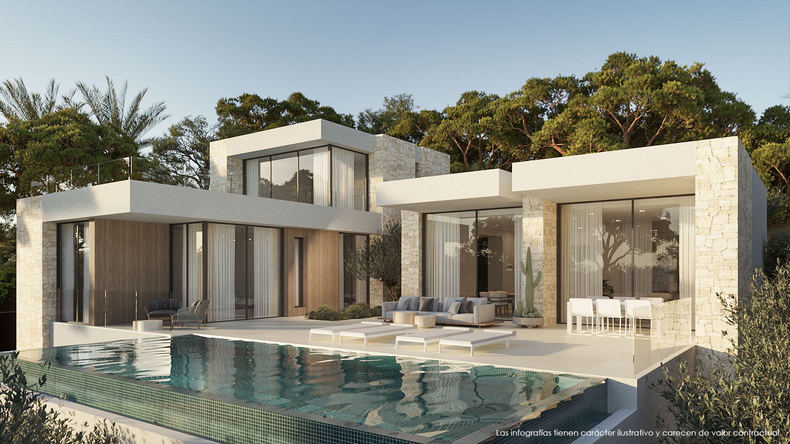 Fachada moderna con muros de piedra natural y madera, terraza con piscina infinita y zonas de estar exteriores integradas en un entorno de pinos.