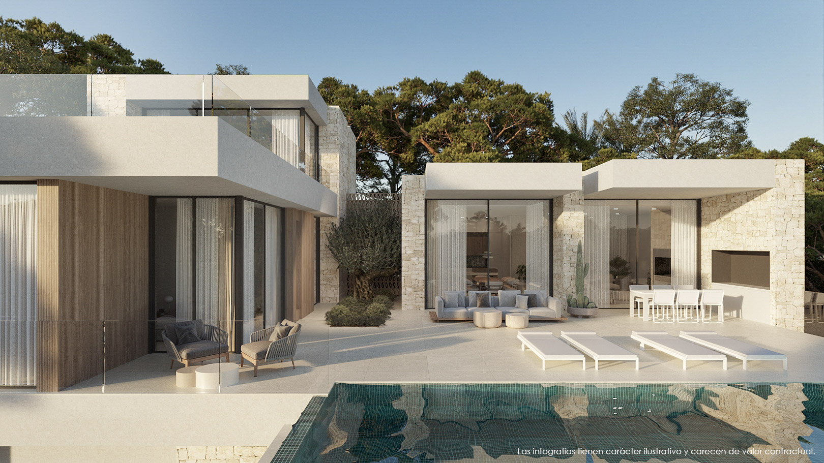 Vista de la terraza principal con piscina, muros de piedra natural y carpintería minimalista. Incluye zonas de estar y comedor exterior rodeadas de vegetación mediterránea.