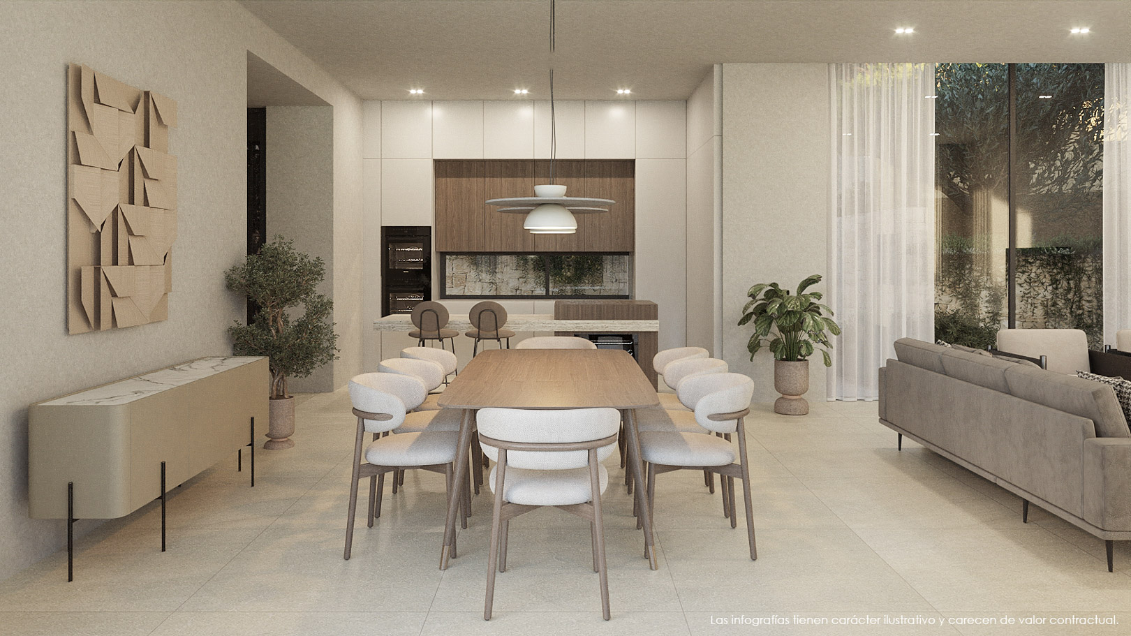 Zona de día diáfana con comedor de madera, cocina de diseño integrada con acabados en roble y blanco, y acceso directo a la terraza mediante grandes ventanales.