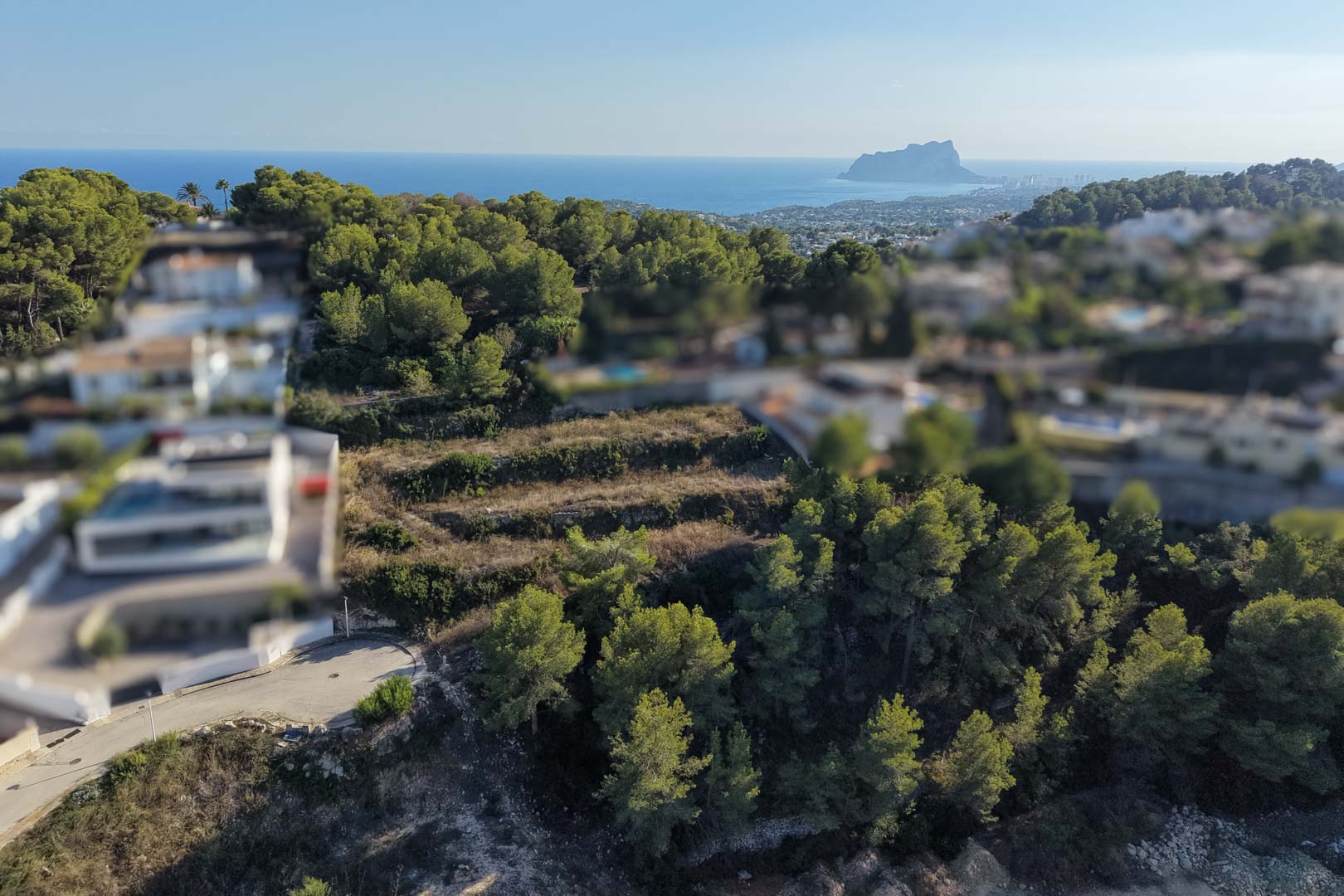 Parcela urbana abancalada rodeada de pinos, con vistas panorámicas al mar Mediterráneo y la silueta del Peñón de Ifach en el horizonte.