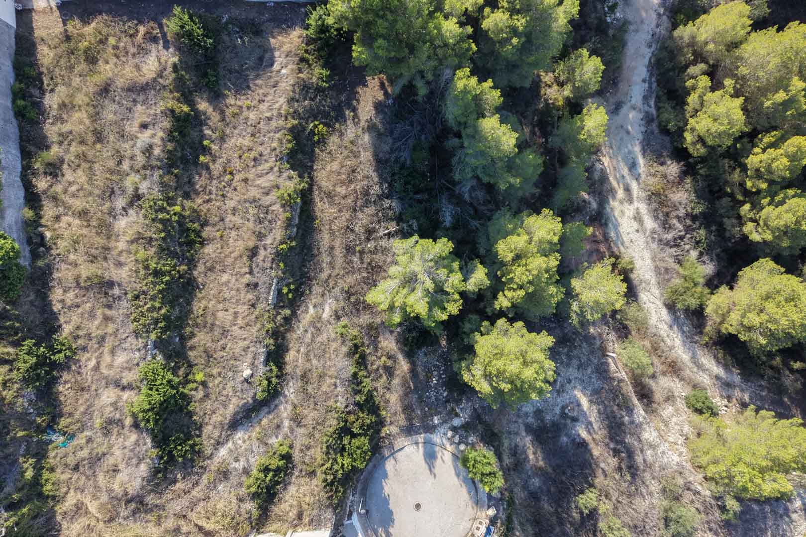 Vista aérea de la parcela urbana que muestra su topografía aterrazada con muros de piedra natural y vegetación mediterránea autóctona.