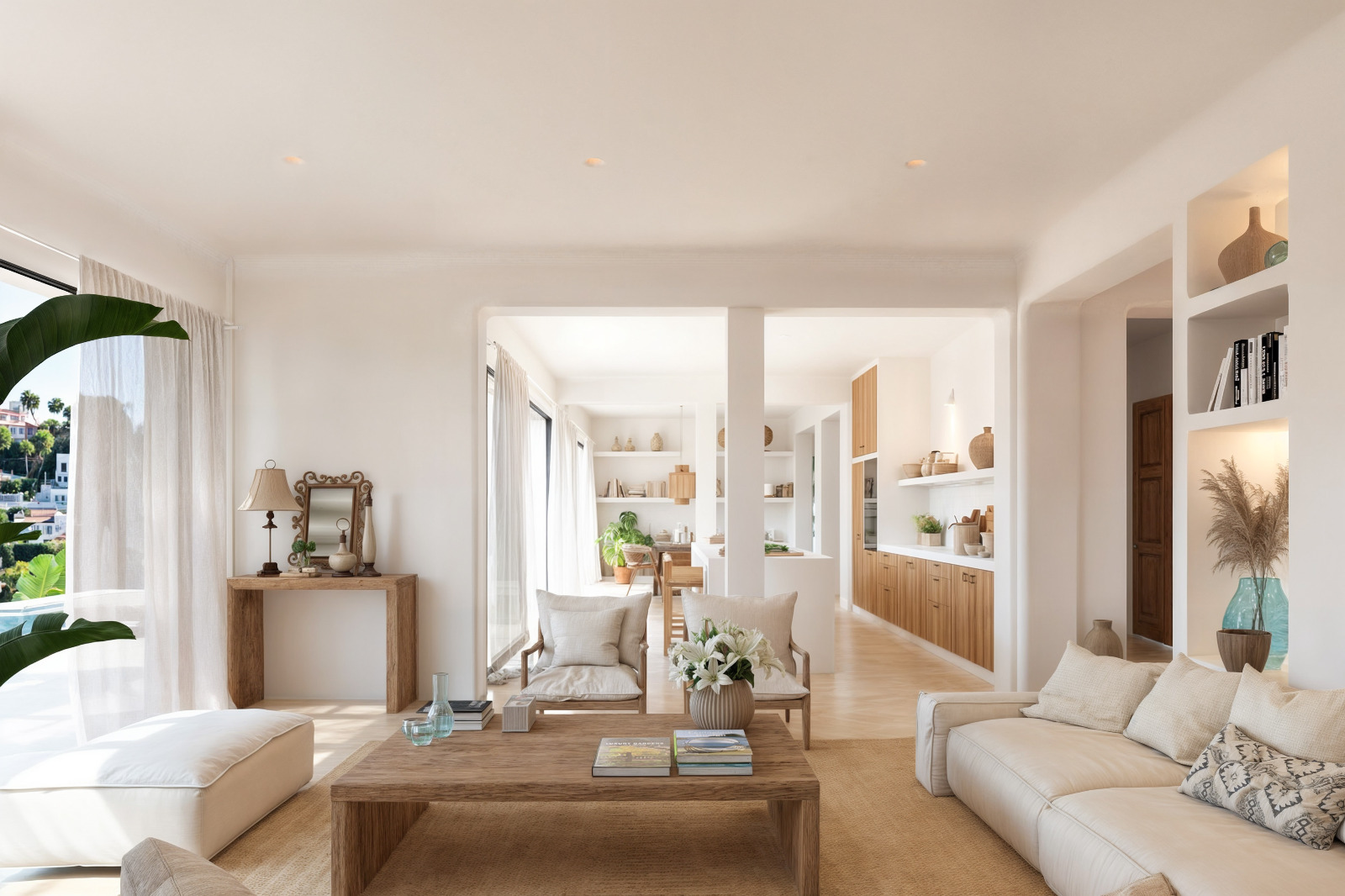 Salón de concepto abierto con paredes de yeso blanco, mobiliario de madera natural y estanterías integradas. La estancia conecta visualmente con la cocina y el comedor.