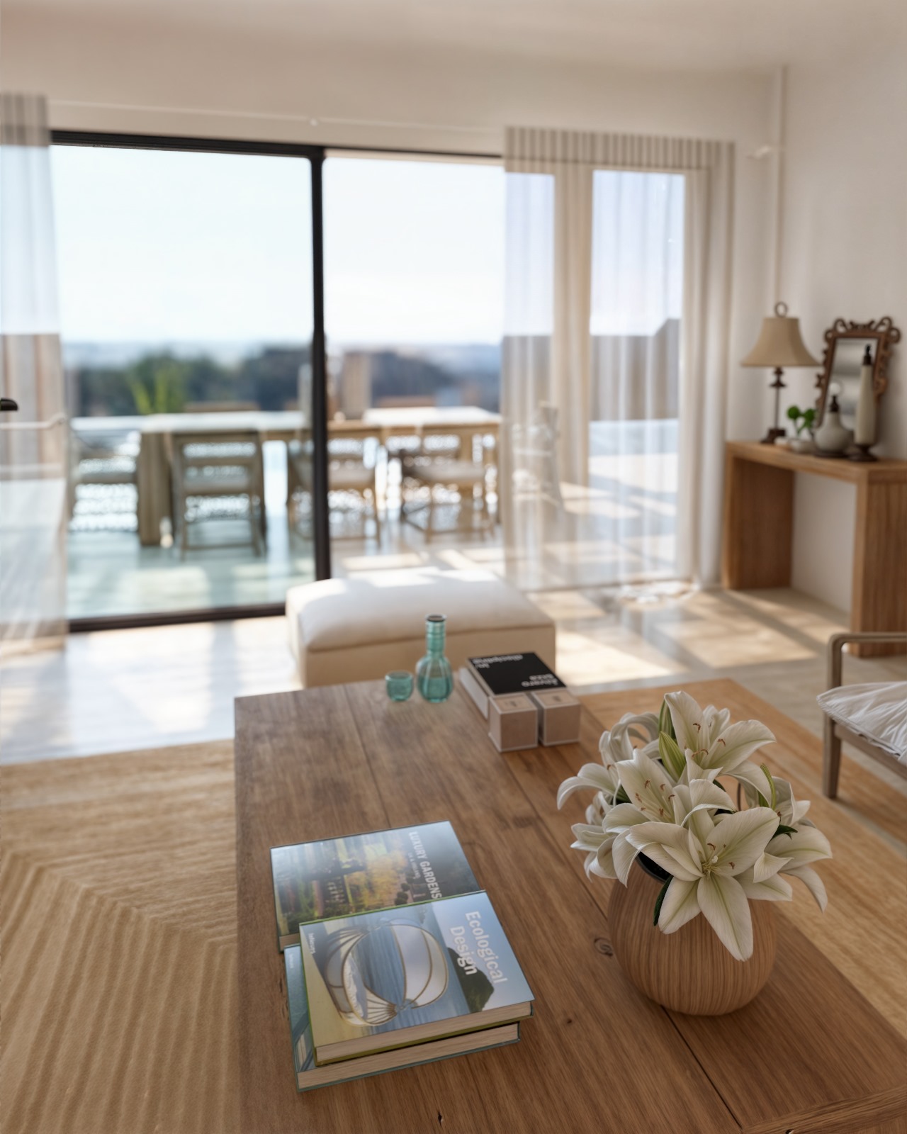 Salón de diseño ibicenco con mesa de madera natural y amplios ventanales TECHNAL que integran la terraza exterior con vistas al mar.