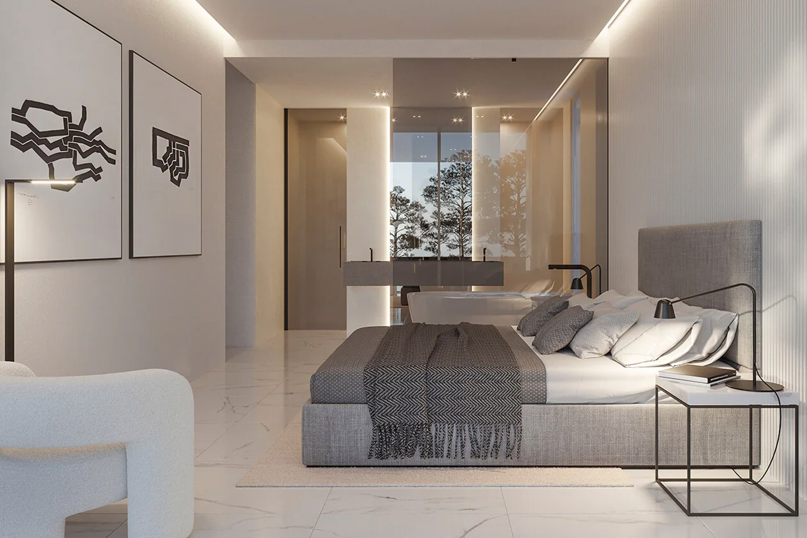 Dormitorio principal con baño integrado, suelos de mármol y particiones de cristal. Incluye bañera exenta, lavabo doble suspendido y vistas al entorno natural.