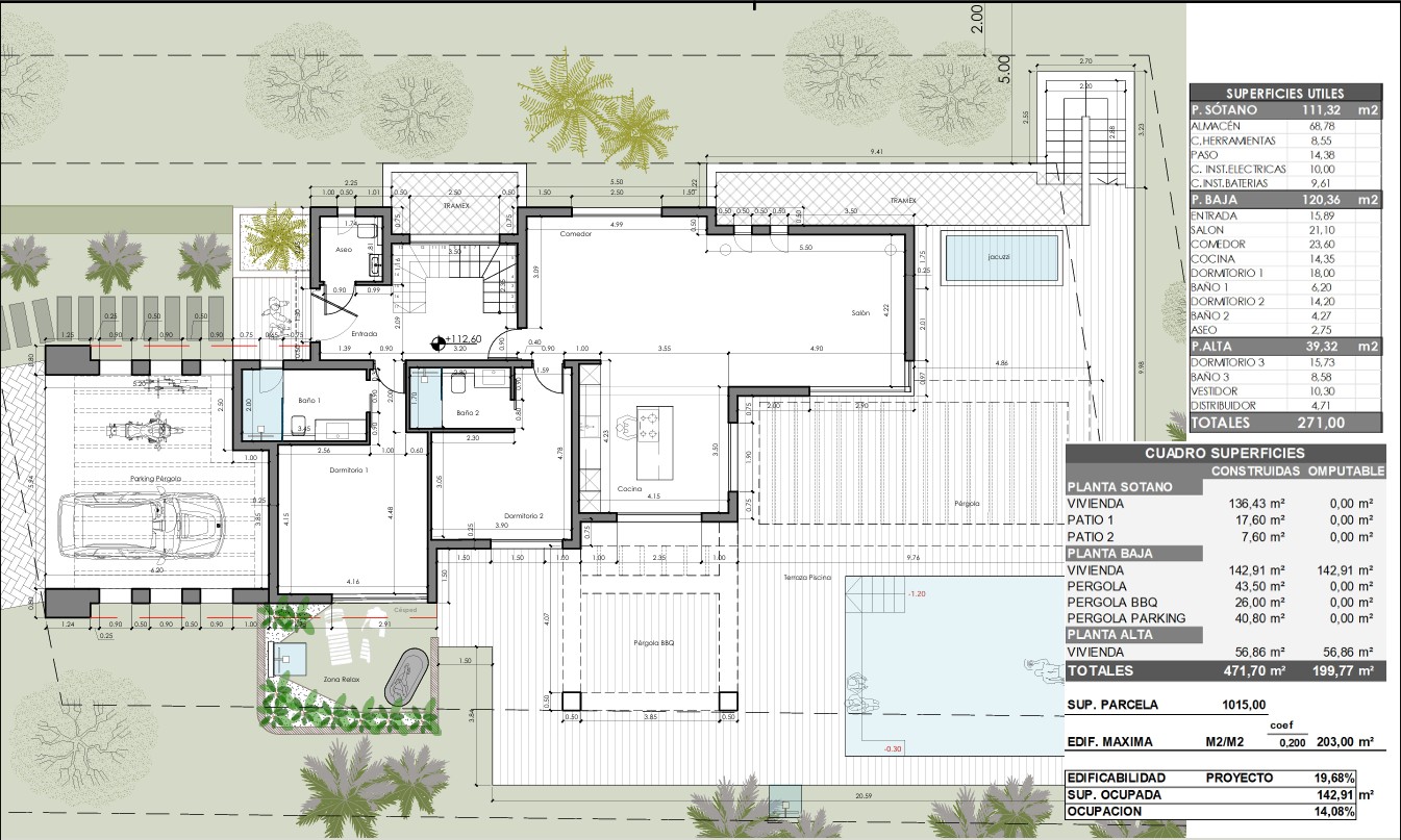 Plano detallado de la planta baja y exteriores, que muestra la distribución de los dormitorios, la cocina abierta, el salón y la zona de piscina con pérgolas.