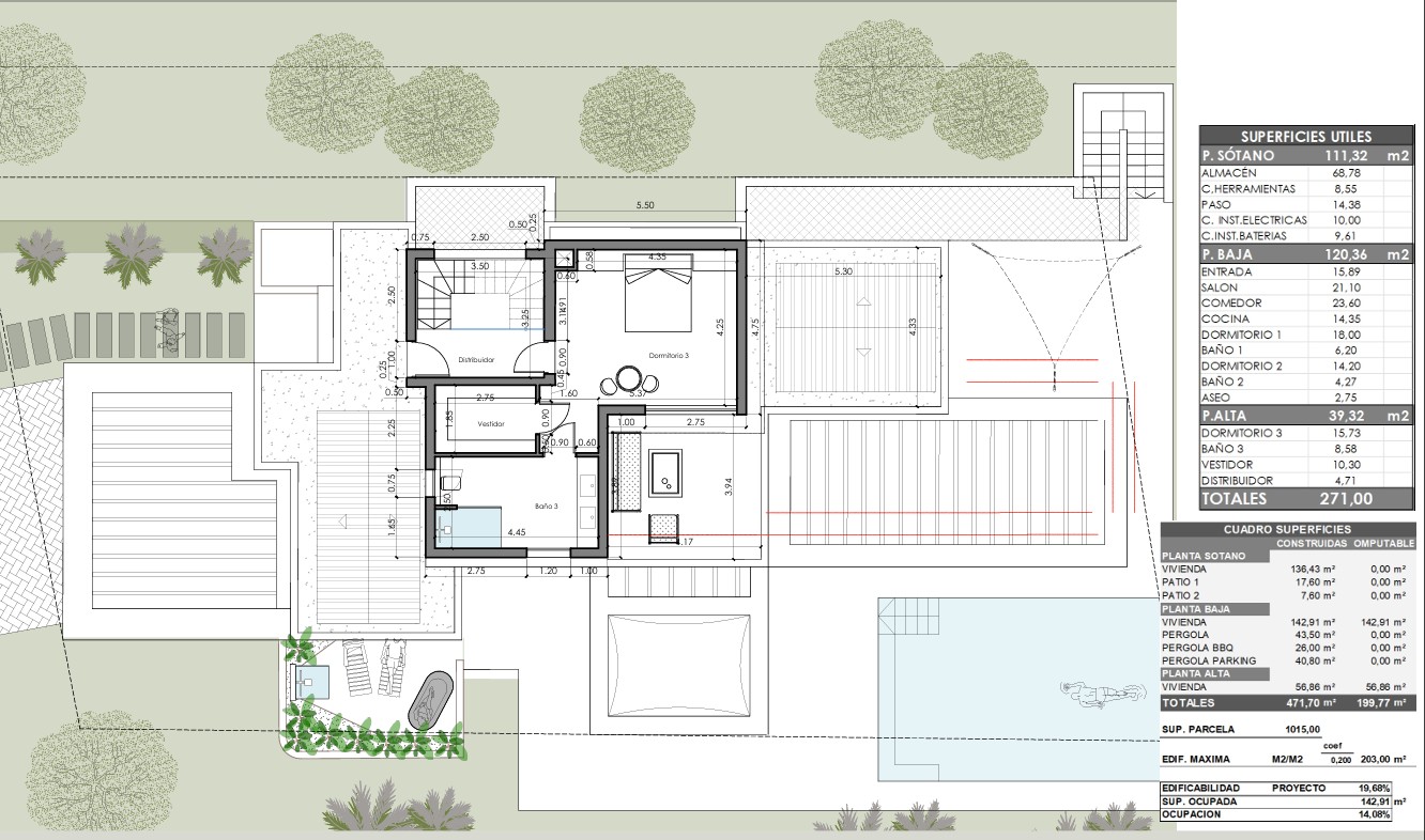 Plano técnico de la planta alta que detalla la suite principal con vestidor, baño privado y terraza, incluyendo el cuadro de superficies útiles.