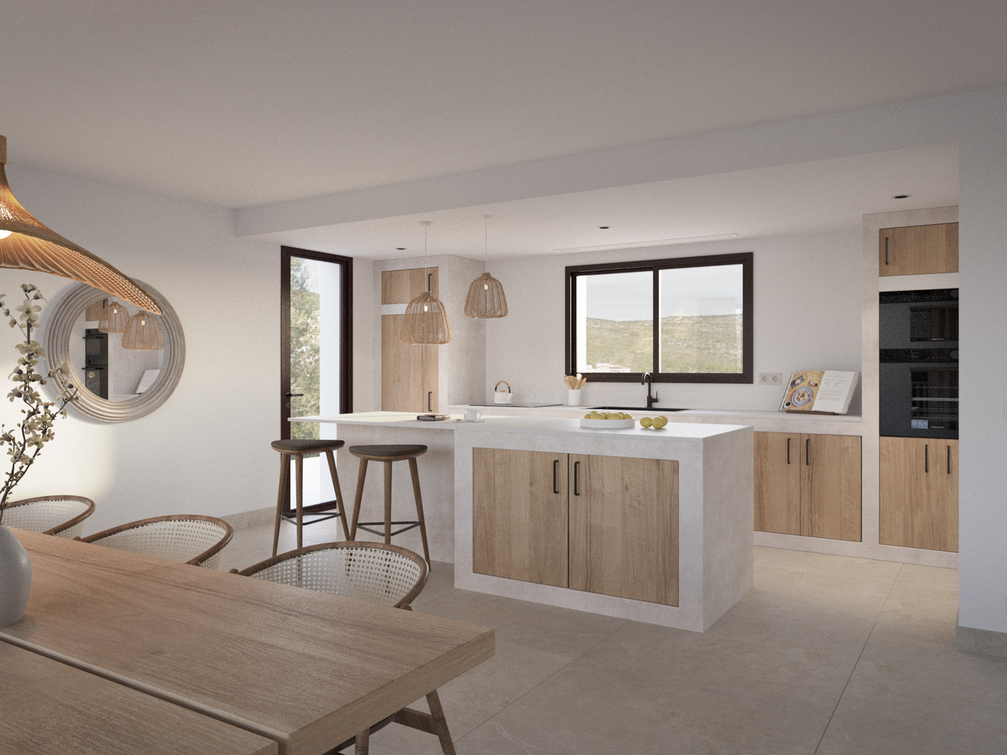 Cocina de concepto abierto con isla central, mobiliario de madera y electrodomésticos integrados. Incluye lámparas de fibras naturales y vistas despejadas al entorno natural.