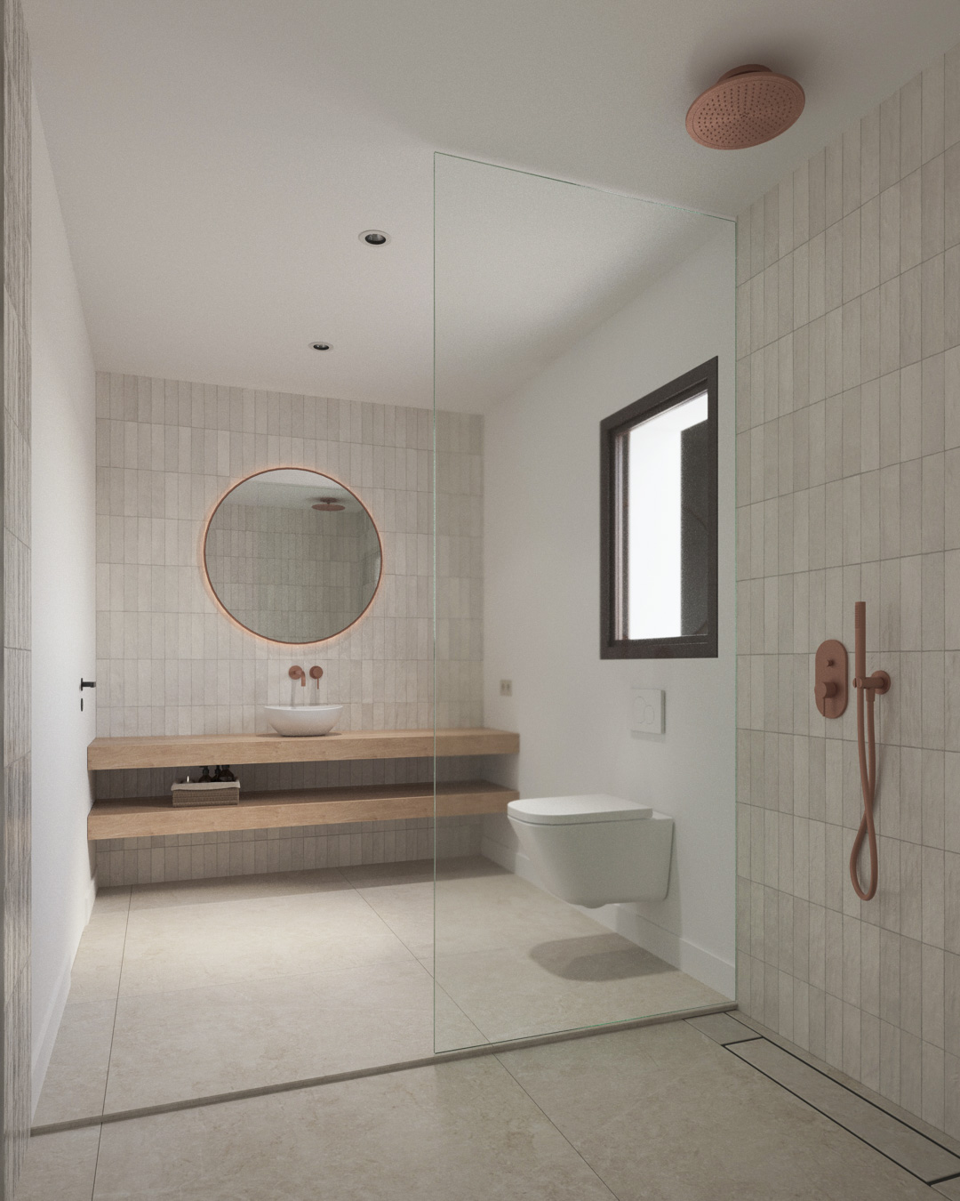 Cuarto de baño de estilo ibicenco con lavabo sobre encimera de madera, grifería en tonos cobre, espejo circular retroiluminado y ducha a ras de suelo con mampara de cristal.