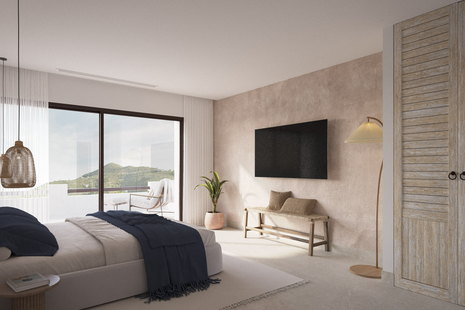 Dormitorio principal con pared de yeso texturizado en tono tierra, armario de madera rústica y acceso directo a una terraza privada con vistas al valle de Jalón.