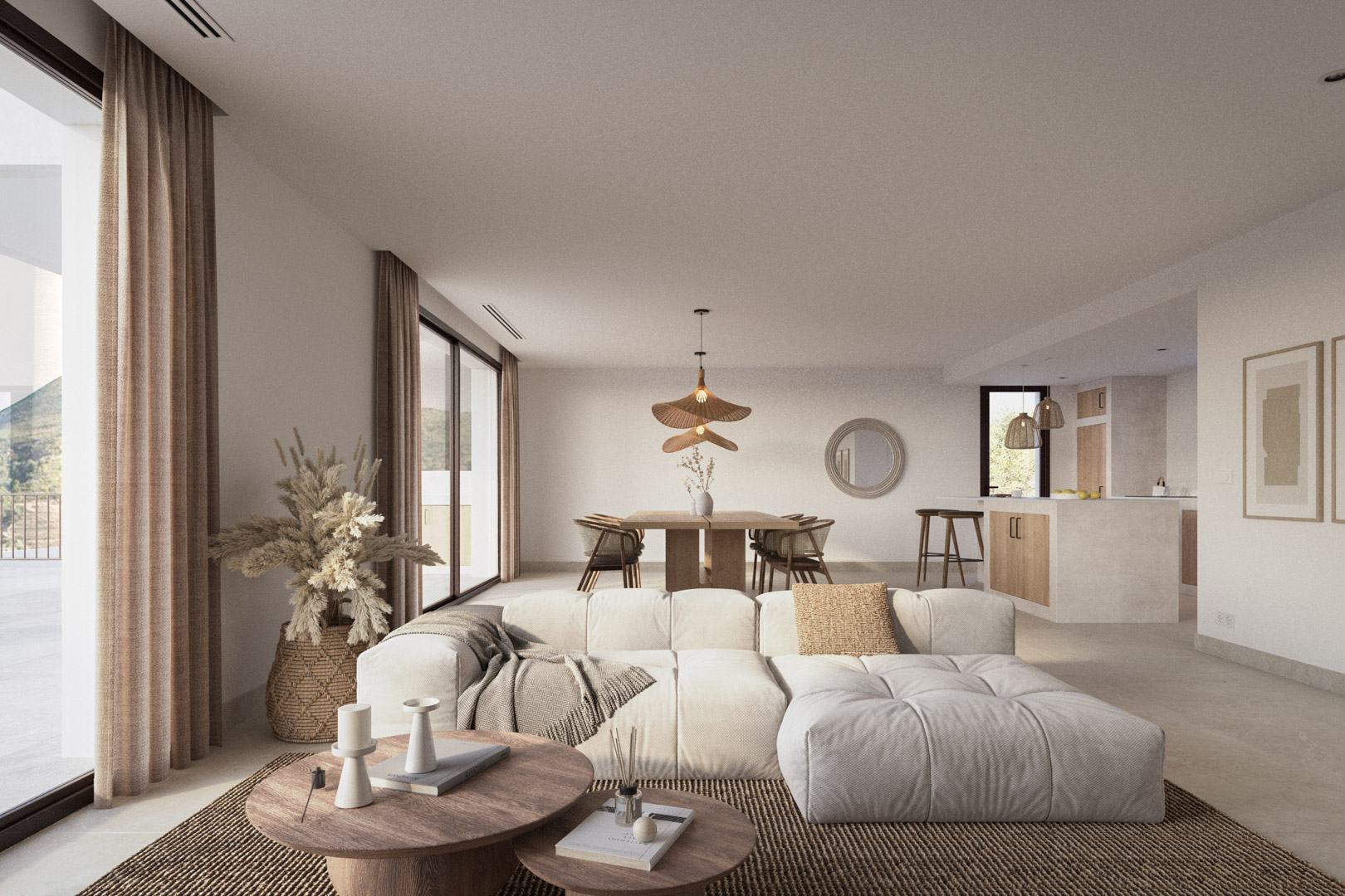 Salón-comedor de concepto abierto con grandes ventanales, mobiliario en tonos neutros, cocina integrada con isla y acabados en madera y piedra de estilo ibicenco.