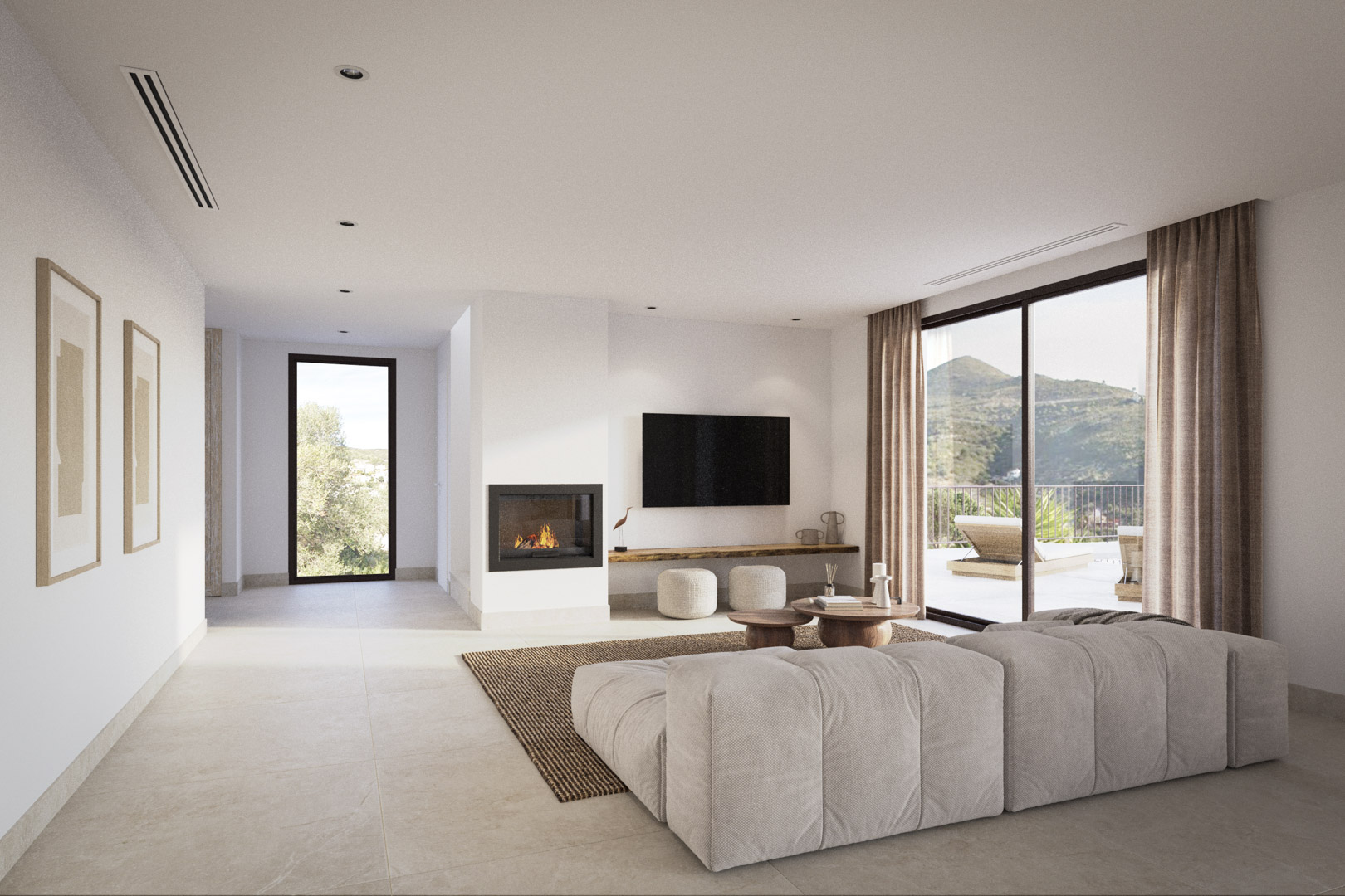 Salón de diseño contemporáneo con chimenea integrada, suelos cerámicos de gran formato y amplios ventanales que conectan con el entorno natural del valle.