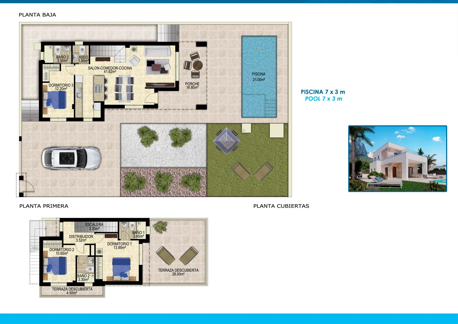 Planos detallados de la villa que muestran la distribución de la planta baja con salón-cocina de 41m² y la planta superior con dormitorios en suite y amplias terrazas.