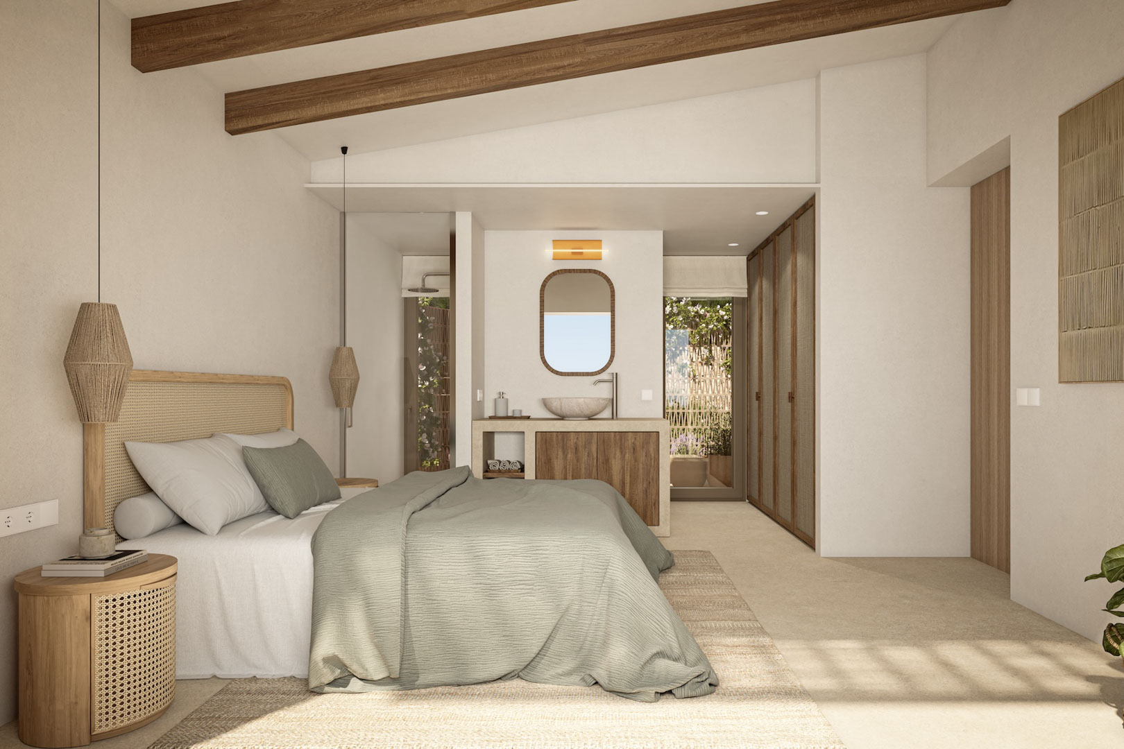 Dormitorio principal con vigas de madera vistas, zona de tocador integrada con lavabo de piedra y texturas naturales de mimbre bajo un techo inclinado.