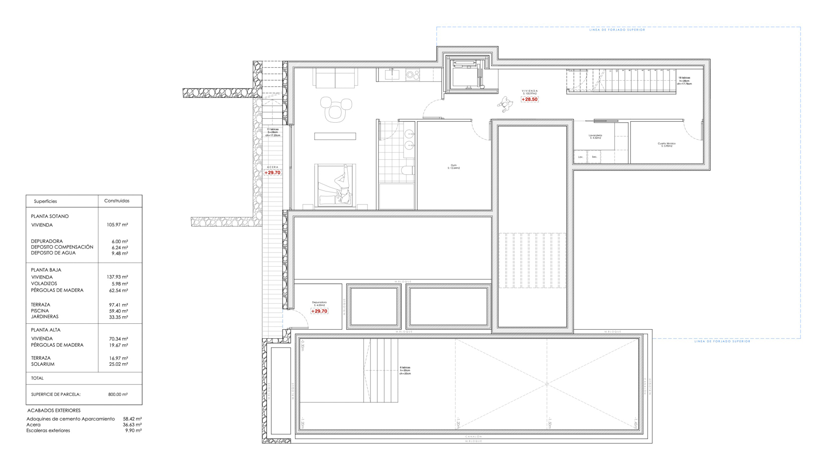 Plano técnico detallado de la planta sótano que incluye gimnasio, lavandería, cuarto técnico y zona de piscina, con una superficie construida de 105,97 m².