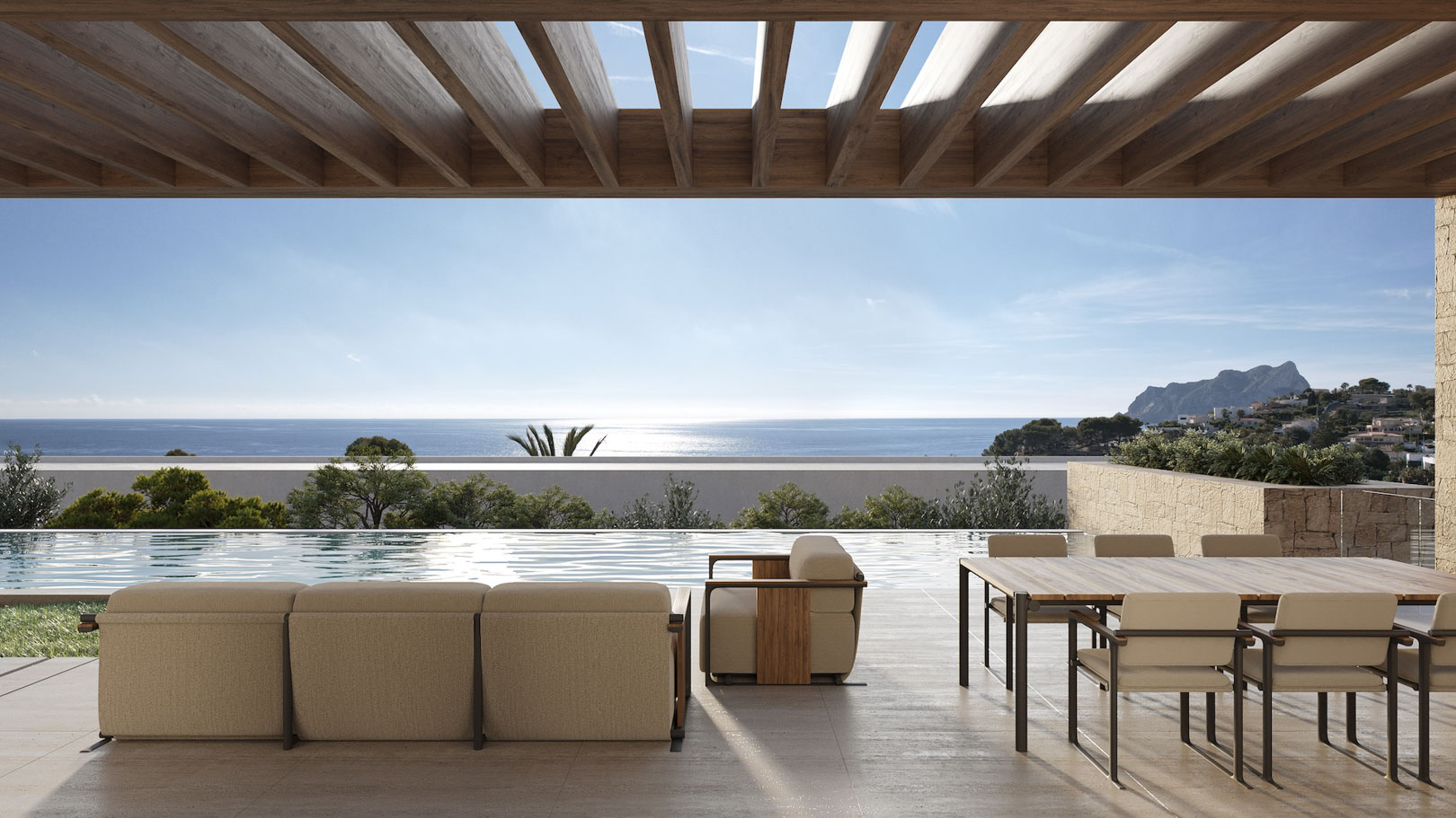 Terraza con pérgola de madera, piscina infinita y vistas panorámicas al mar. Incluye mobiliario de comedor y descanso contemporáneo con acabados en piedra.