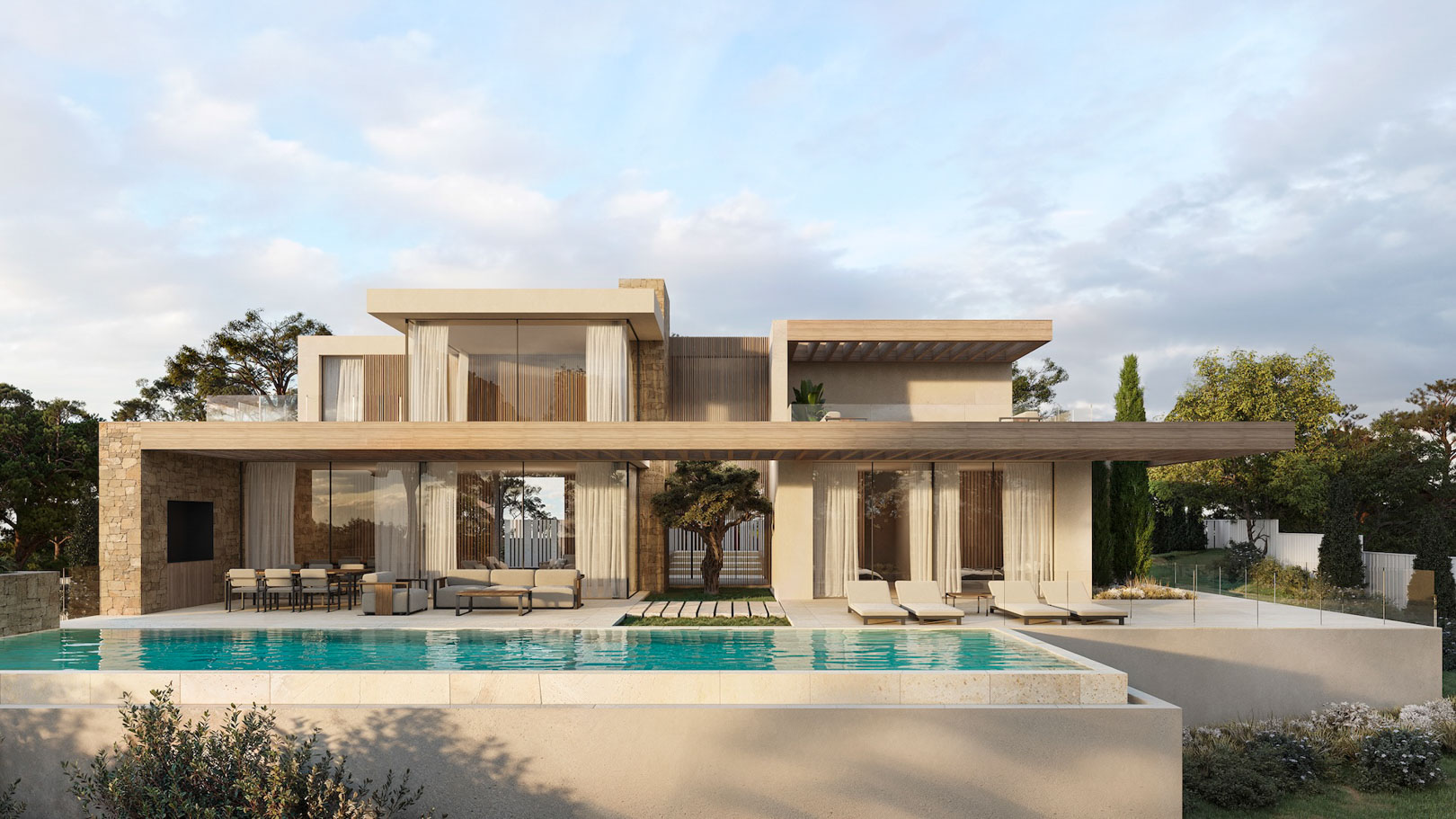 Villa moderna de dos niveles con piscina infinita, muros de piedra natural y amplias fachadas acristaladas bajo voladizos de madera y zonas de estar exteriores.