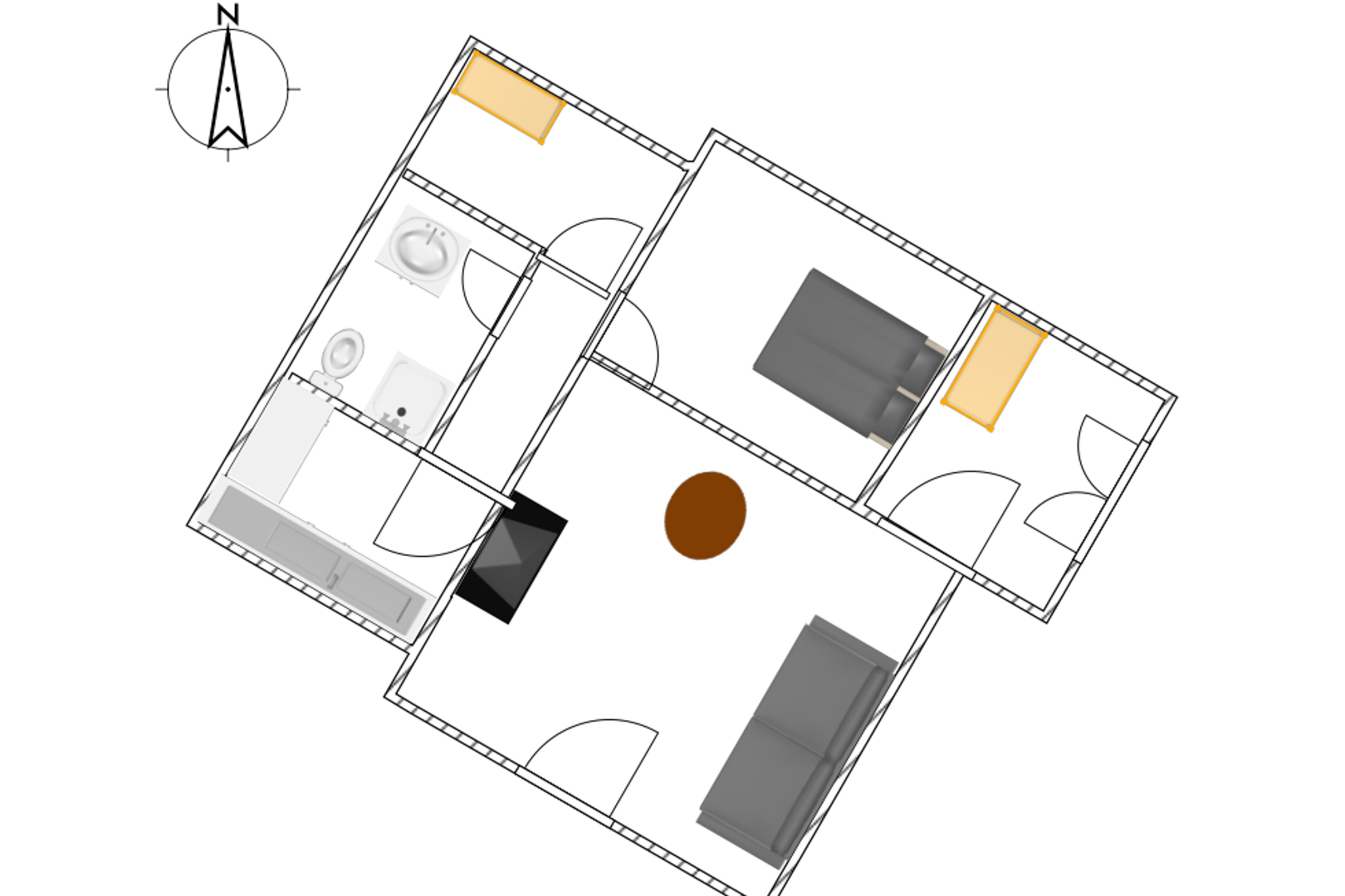 Plano detallado de la distribución en una sola planta, mostrando el salón-comedor, cocina independiente, baño y los tres dormitorios.