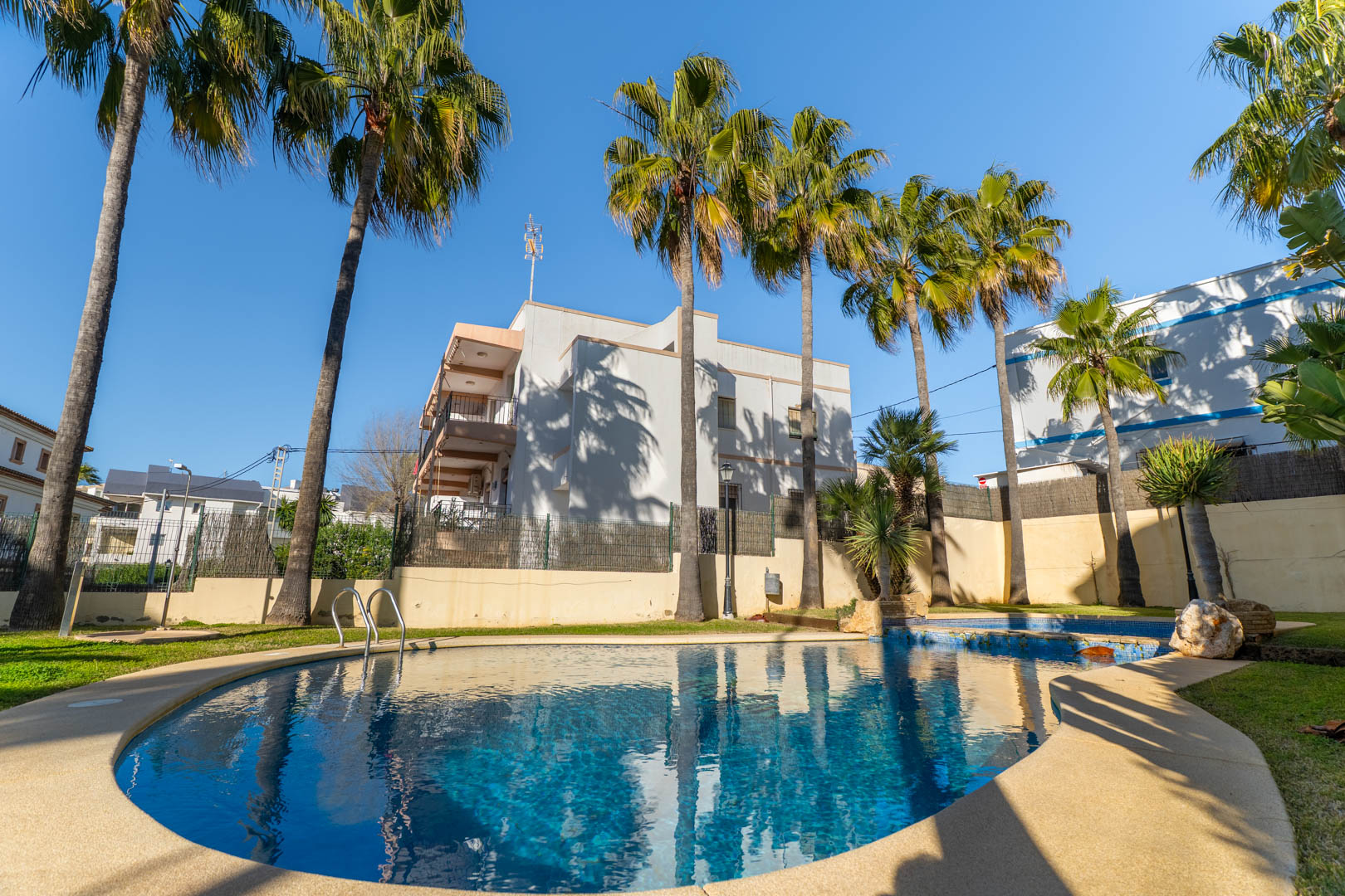 Piscina comunitaria de forma curva rodeada de césped cuidado y altas palmeras, situada en un entorno privado y soleado cerca de la playa del Arenal.