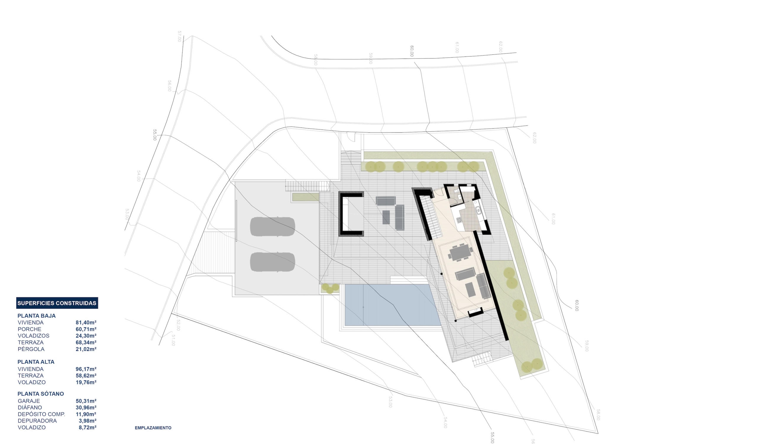 Plano de emplazamiento que detalla la distribución de la planta baja, la piscina infinity, el garaje doble y el desglose técnico de superficies construidas por niveles.