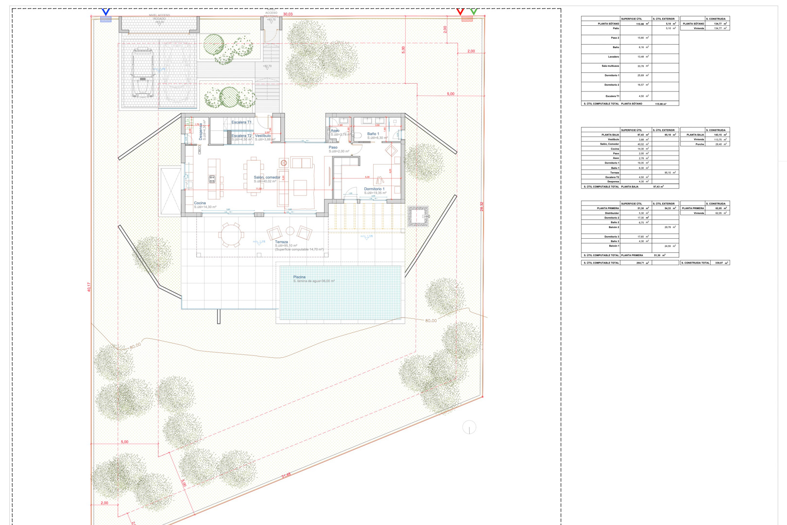 Plano técnico de la planta baja y parcela que detalla la distribución del salón, cocina, terraza de 95 m², piscina y zonas ajardinadas con tablas de superficies.
