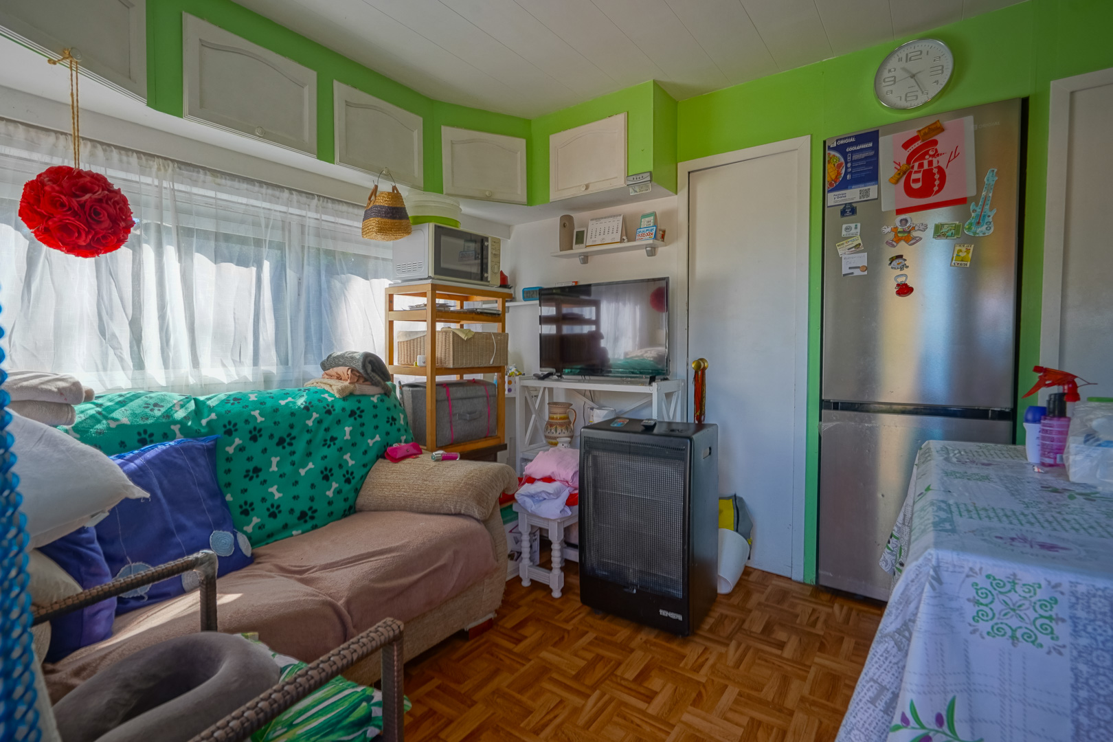 Interior de la vivienda prefabricada con paredes verdes, zona de estar compacta, suelos de parqué y cocina abierta equipada con electrodomésticos de acero inoxidable.