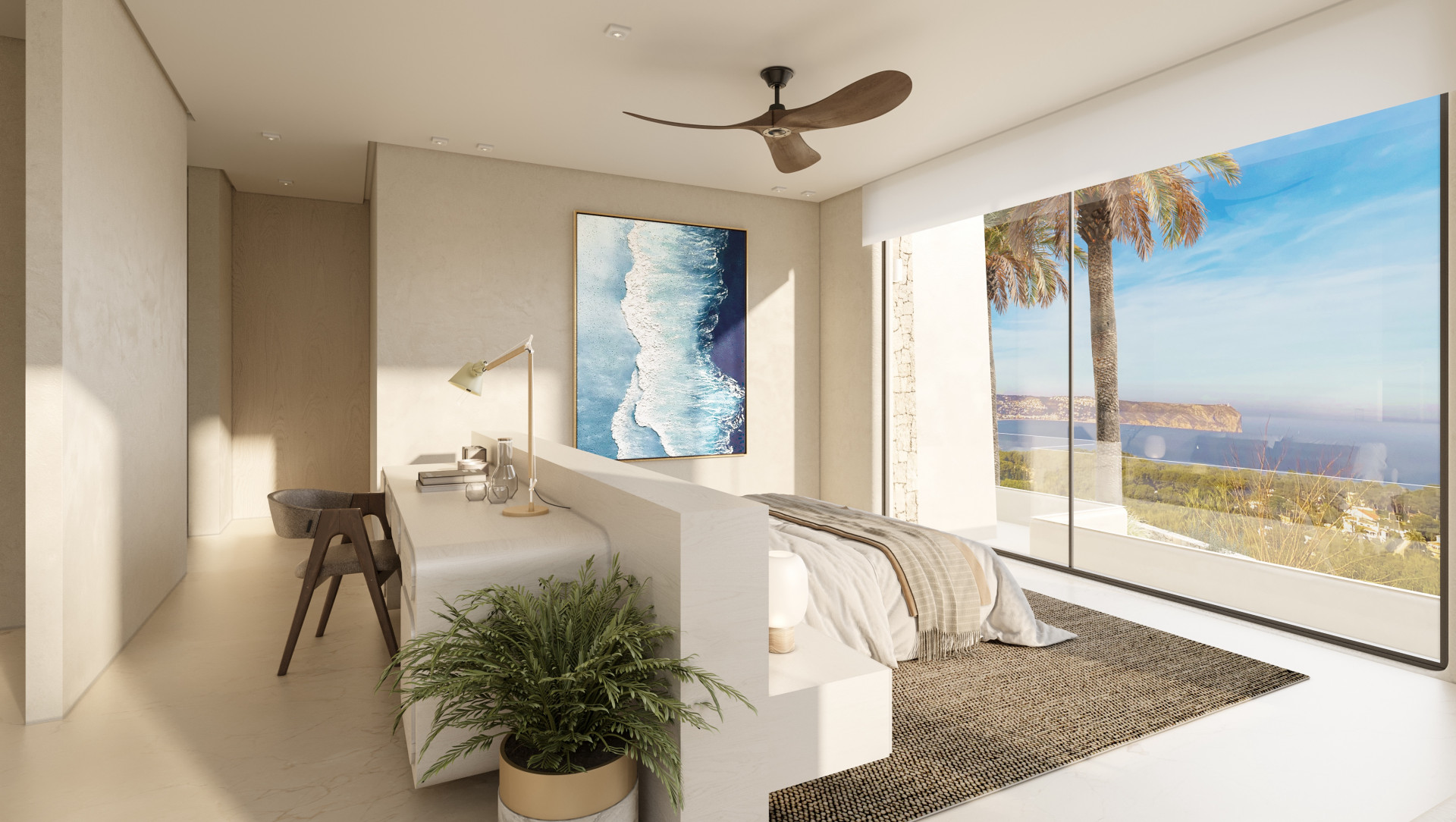 Dormitorio luminoso con escritorio integrado y vistas al mar a través de amplios ventanales.