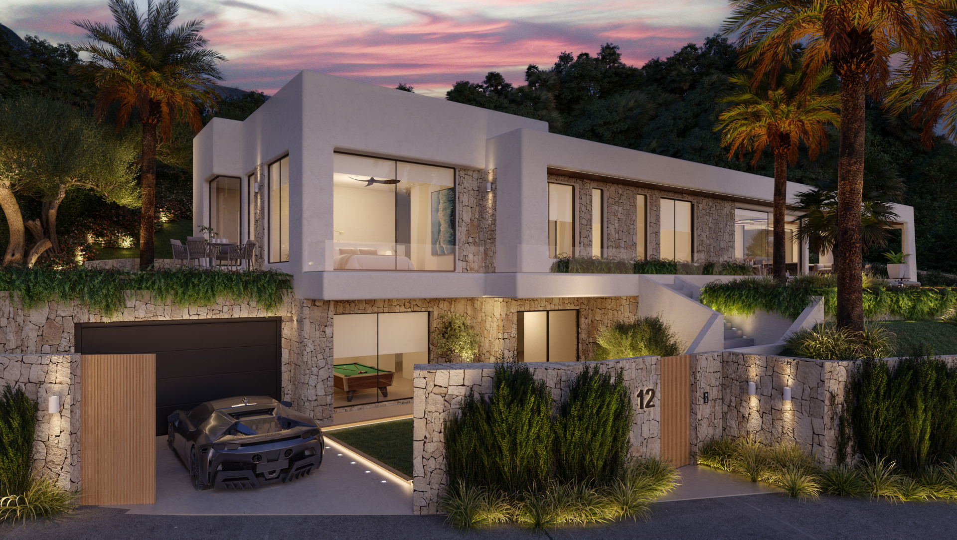 Fachada de villa moderna con garaje, piscina y vistas al mar al atardecer.