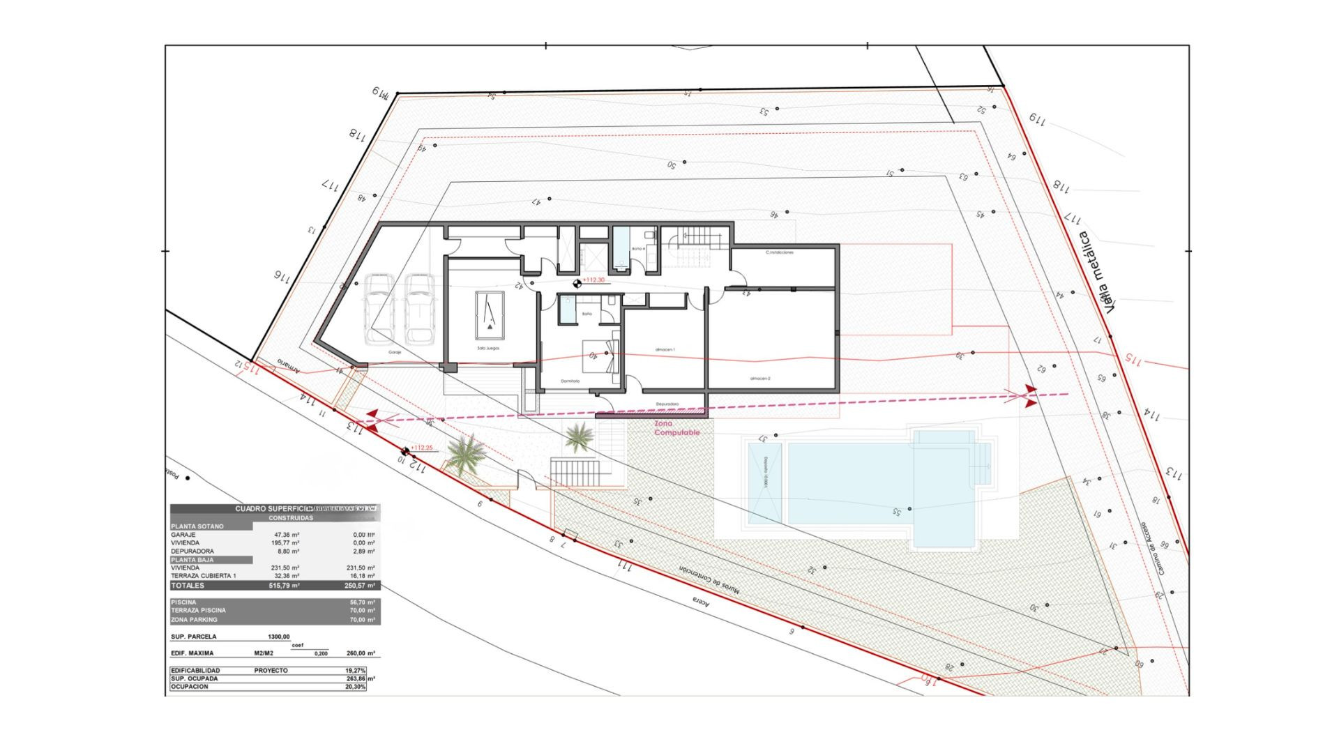 Plano arquitectónico de villa con piscina, mostrando distribución interior, garaje y jardín en parcela de 1300 m².