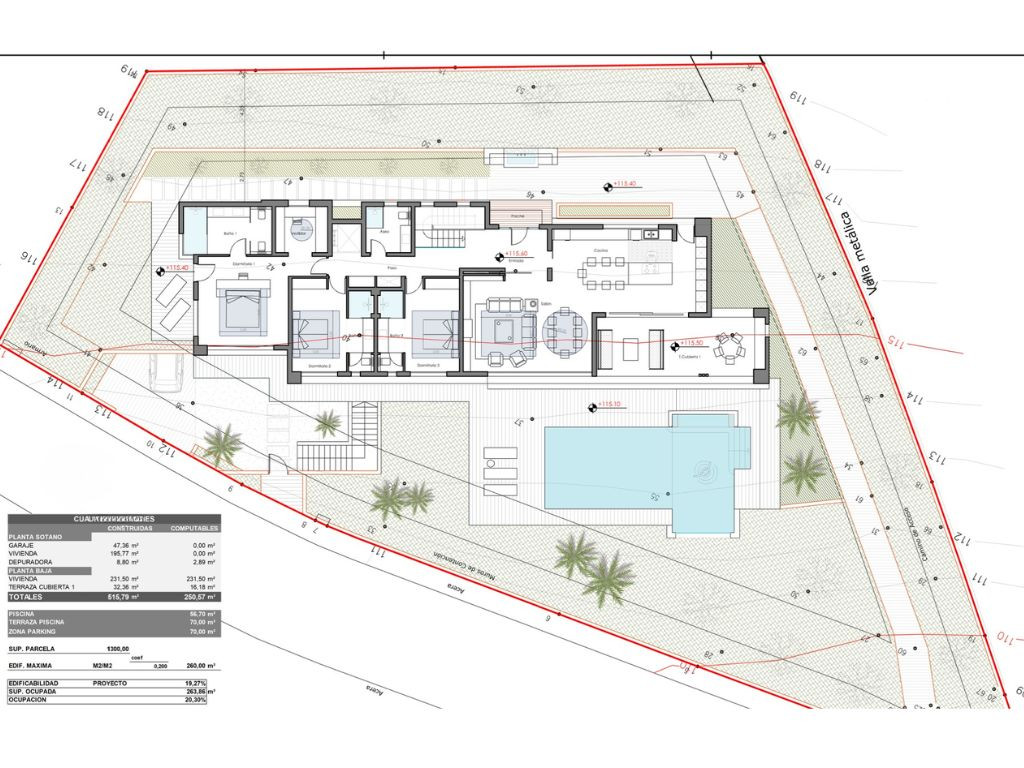 Plano arquitectónico detallado de la villa, mostrando la distribución interna y externa, incluyendo piscina y jardín.
